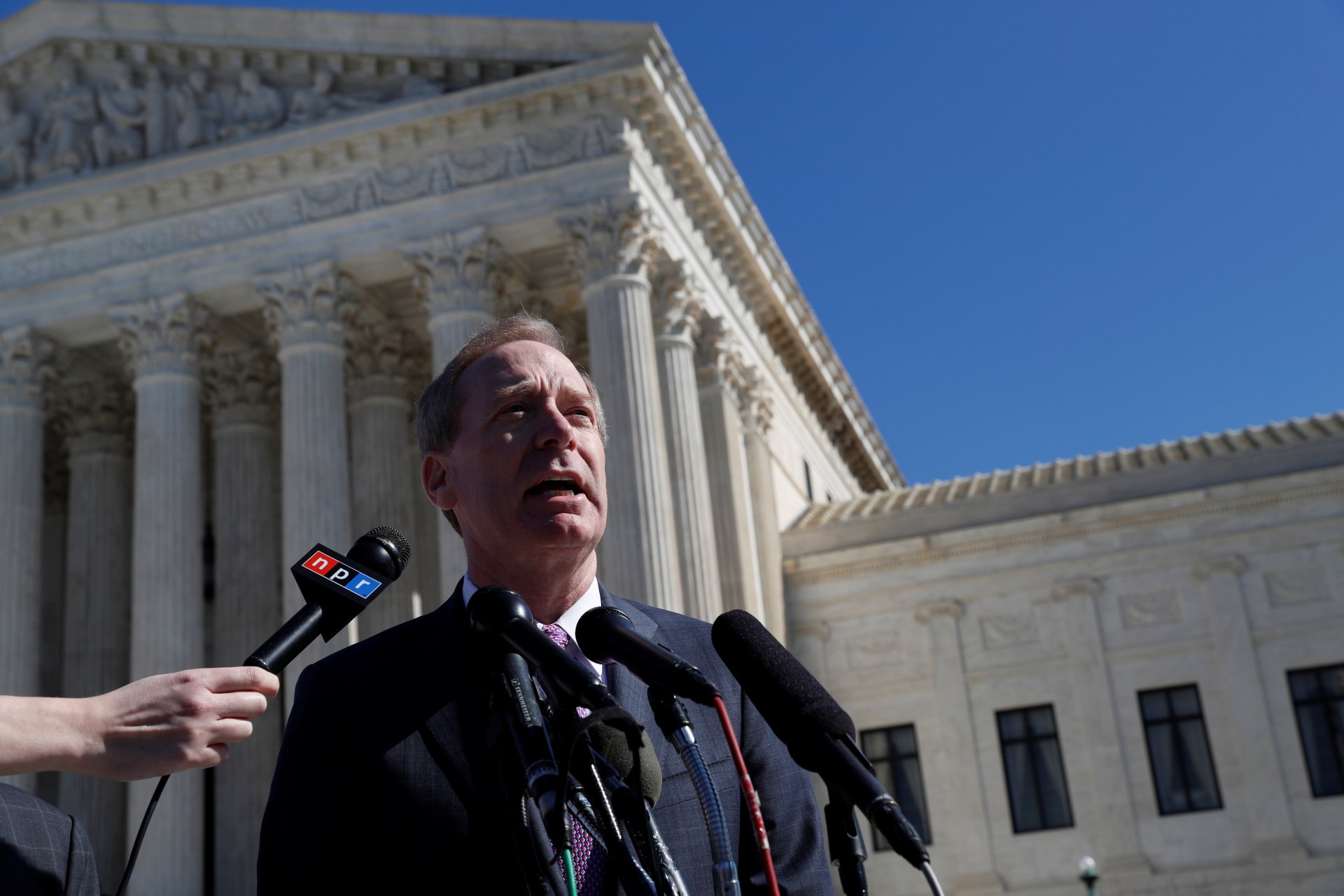 <p>Microsoft President and Chief Legal Officer Brad Smith makes a statement to the news media outside of the U.S. Supreme Court.</p>

