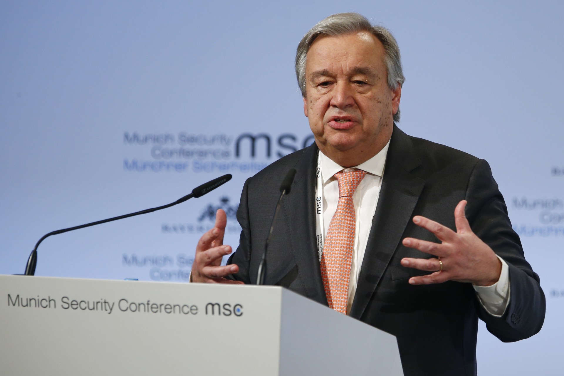 <p>U.N. Secretary General Antonio Guterres talks at the Munich Security Conference on February 16, 2018. </p>

