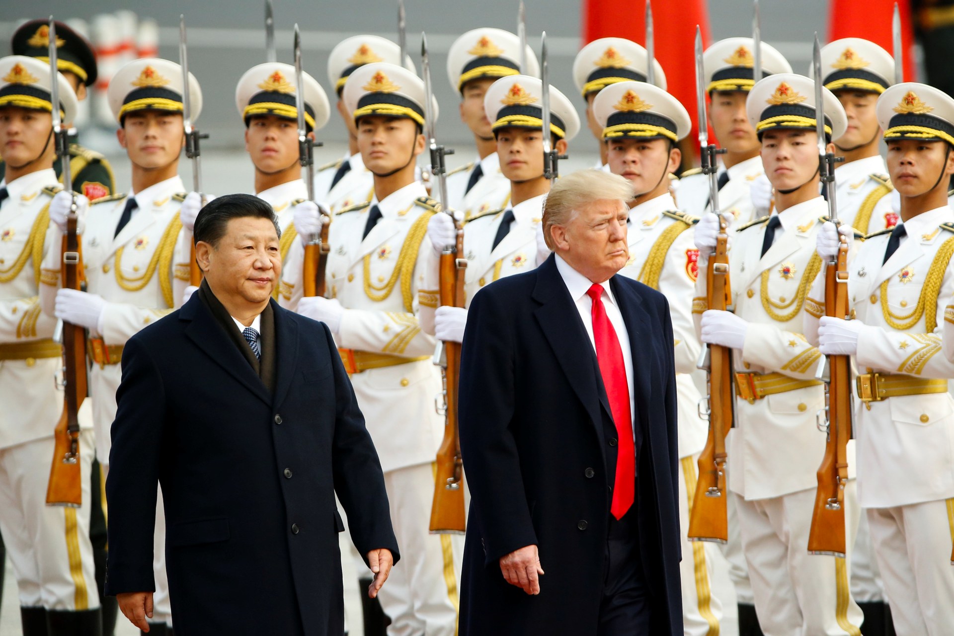 <p>U.S. President Donald Trump takes part in a welcoming ceremony with China’s President Xi Jinping in Beijing, China, November 9, 2017.</p>
