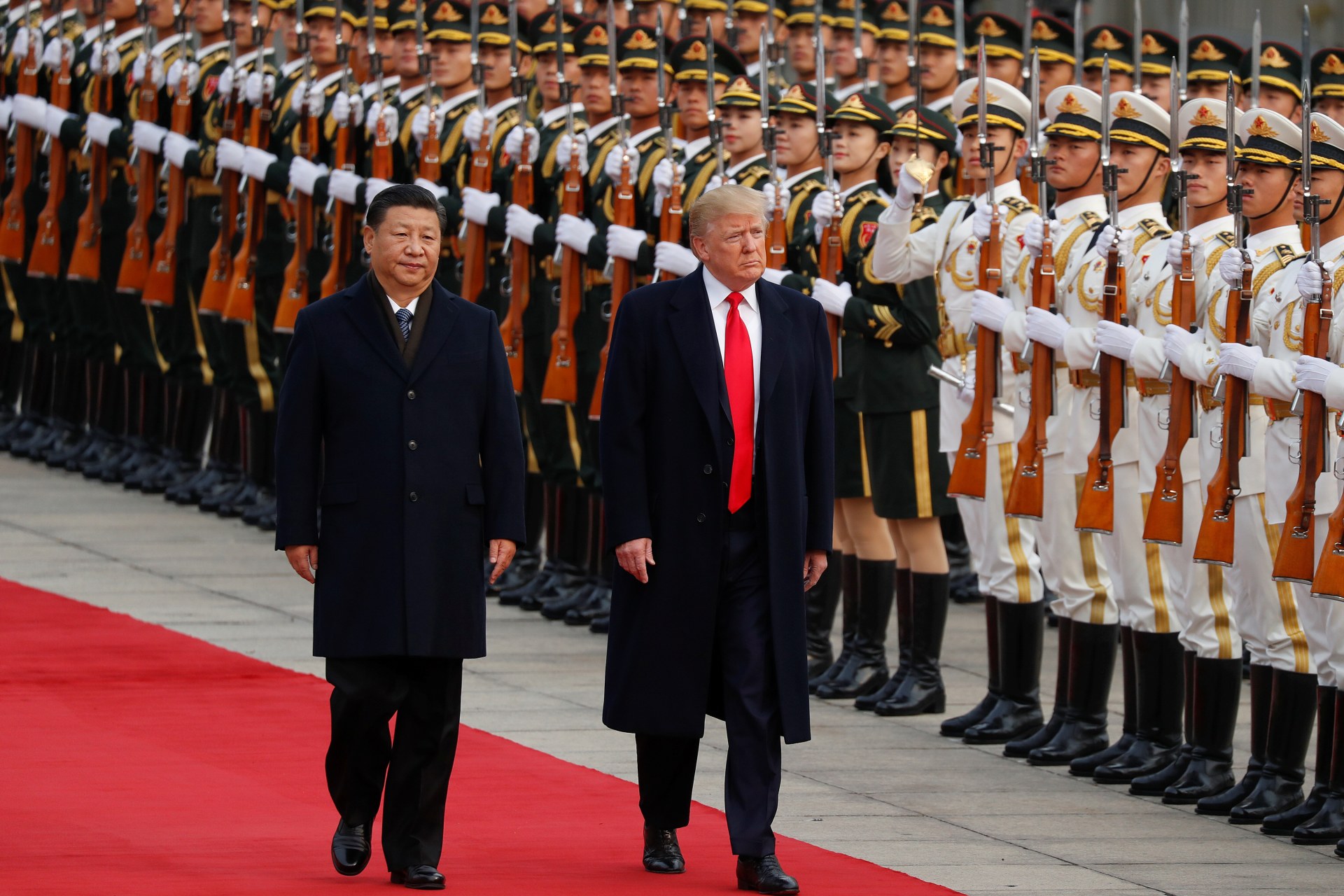 <p>U.S. President Donald Trump takes part in a welcoming ceremony with China’s President Xi Jinping in Beijing, China, November 9, 2017.</p>