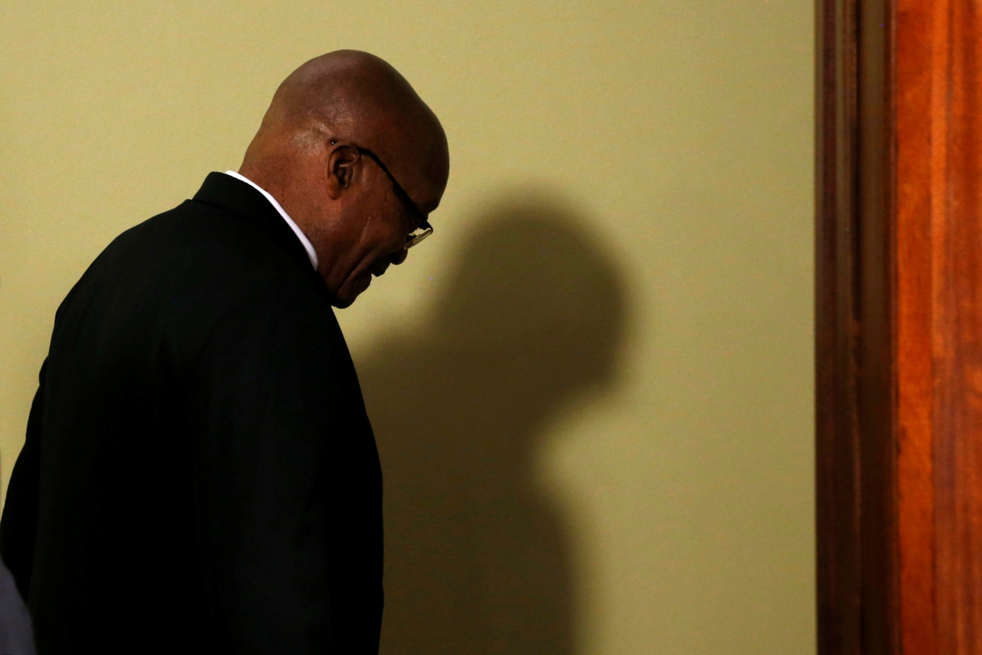 <p>South Africa’s President Jacob Zuma leaves after announcing his resignation at the Union Buildings in Pretoria, South Africa, February 14, 2018.</p>