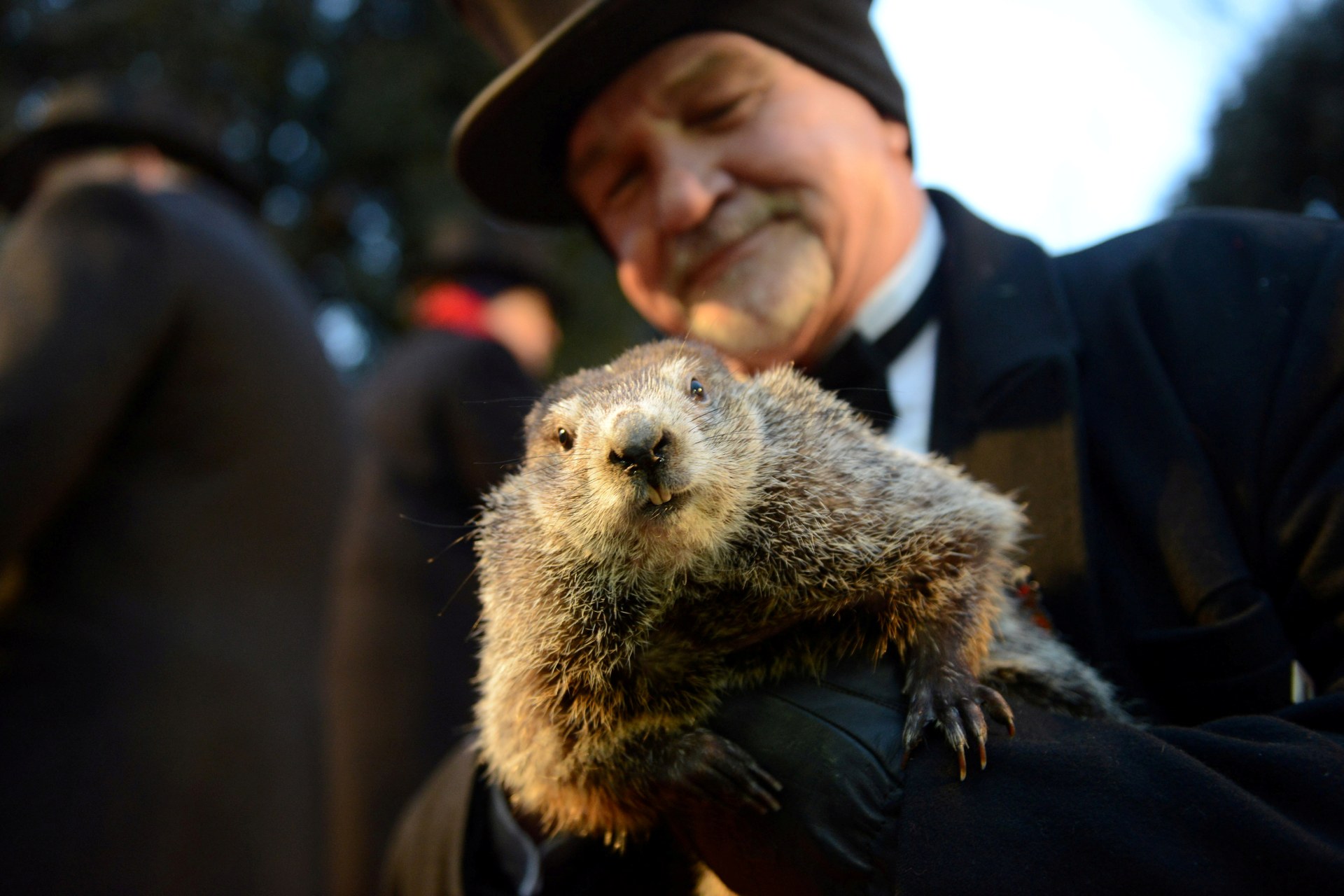 <p>Co-handler John Griffiths holds Punxsutawney Phil for the crowd gathered at Gobbler’s Knob on the 132nd Groundhog Day in Punxsutawney, Pennsylvania on February 2, 2018</p>