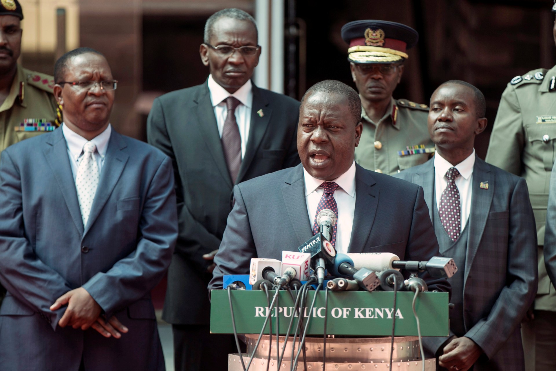 <p>Kenya’s interior minister Fred Matiang’i speaks during a press conference in Nairobi, Kenya. January 31, 2018. </p>
