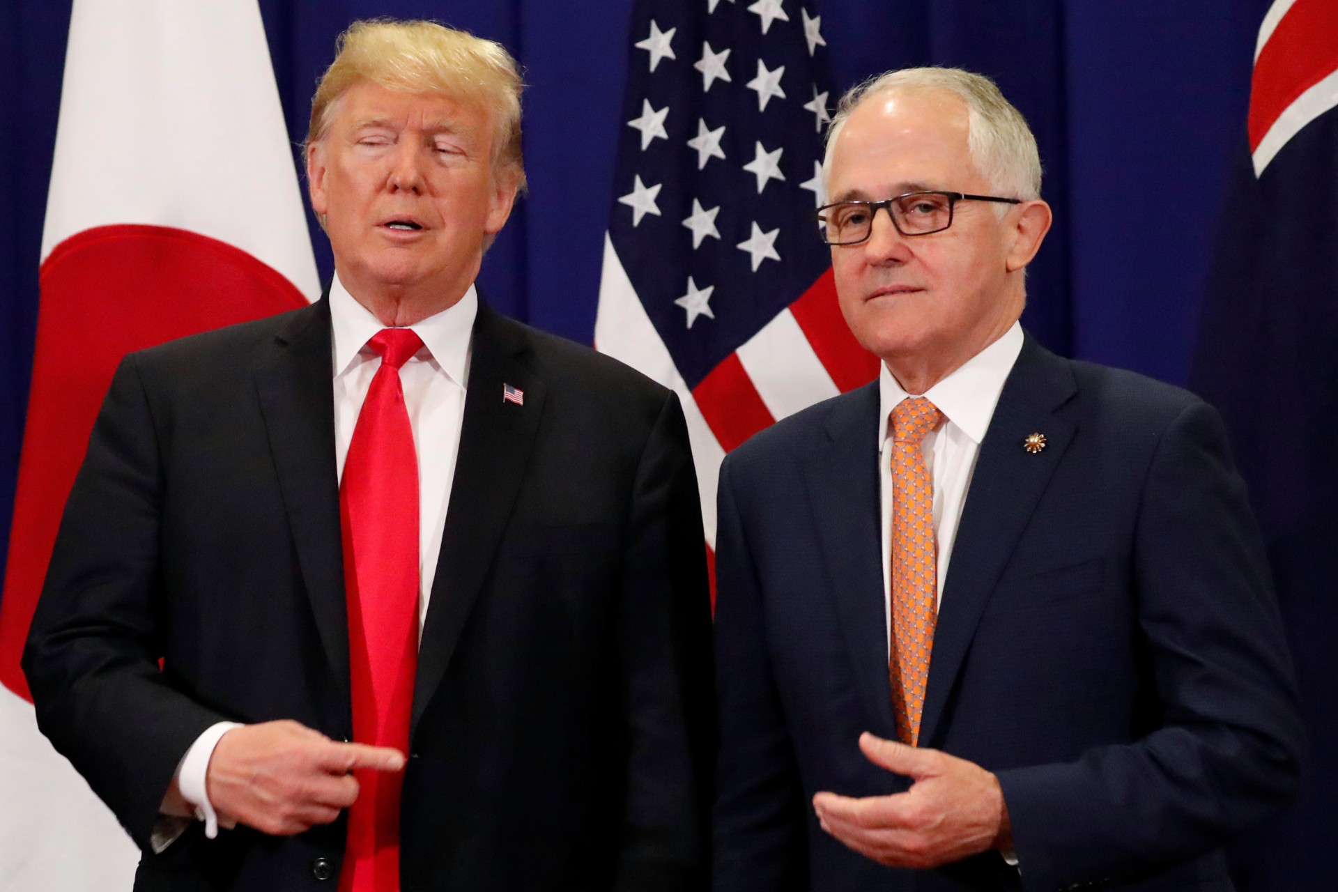 <p>U.S. President Donald J. Trump jokes with Australia’s Prime Minister Malcolm Turnbull in Manila, Philippines on November 13, 2017. </p>

