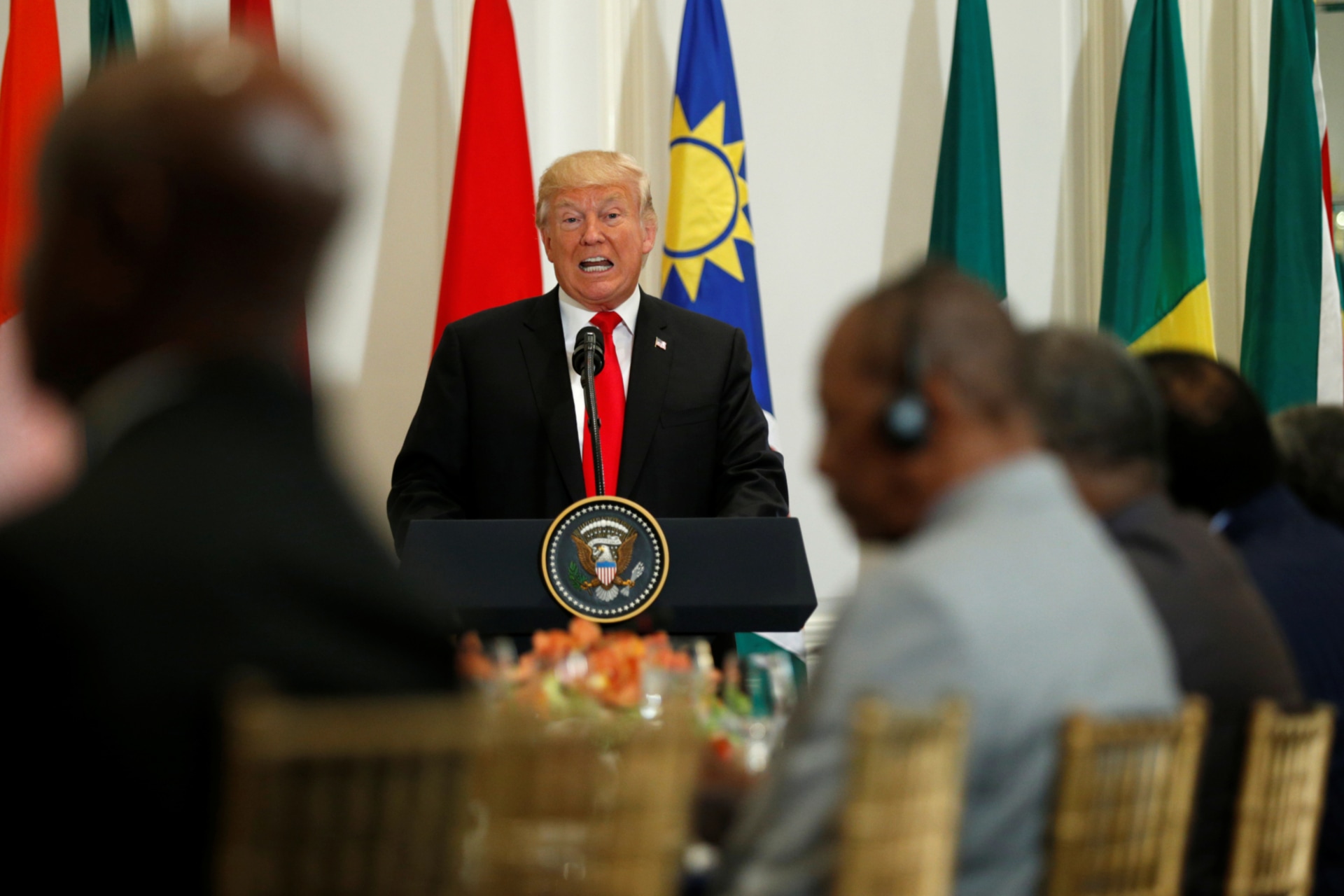 <p>U.S. President Donald Trump speaks during a working lunch with African leaders during the U.N. General Assembly in New York, U.S., September 20, 2017. </p>
