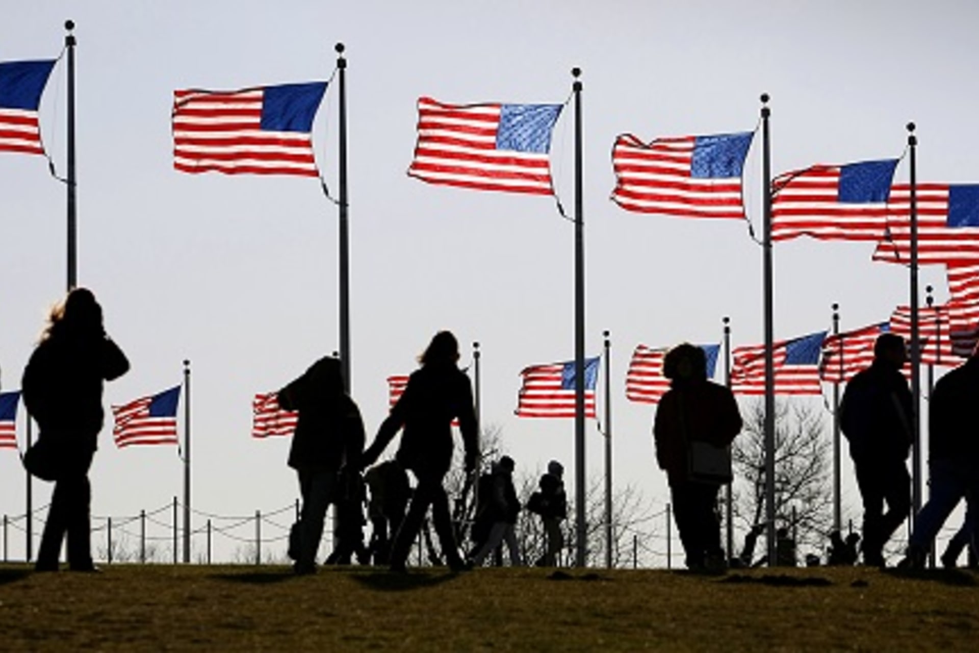 <p>American flags flying at the Washington Monument in Washington, DC. </p>
