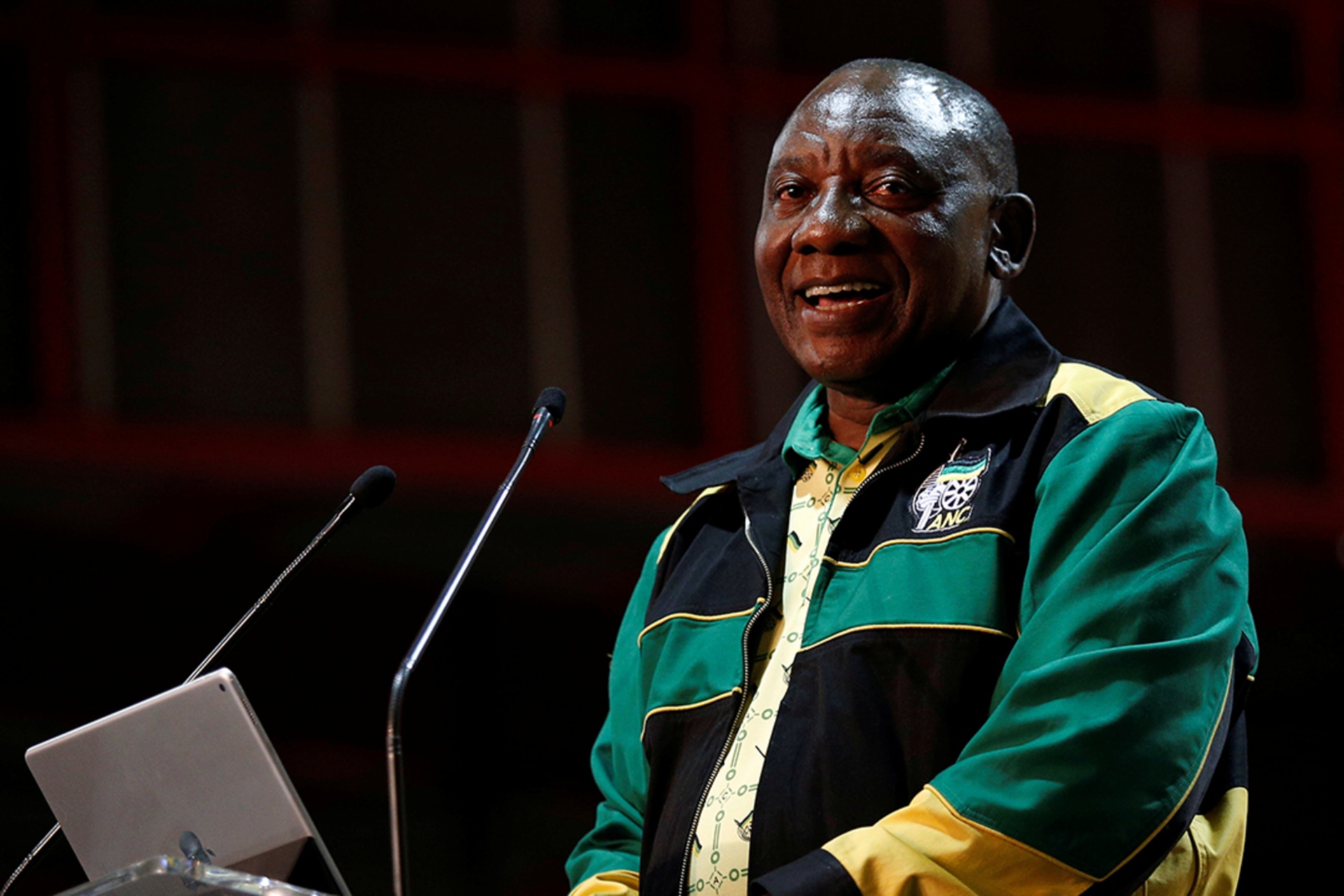 <p>Newly elected president of the African National Congress (ANC) Cyril Ramaphosa makes the closing address at the 54th National Conference of the ruling ANC in Johannesburg, South Africa December 21, 2017. </p>
