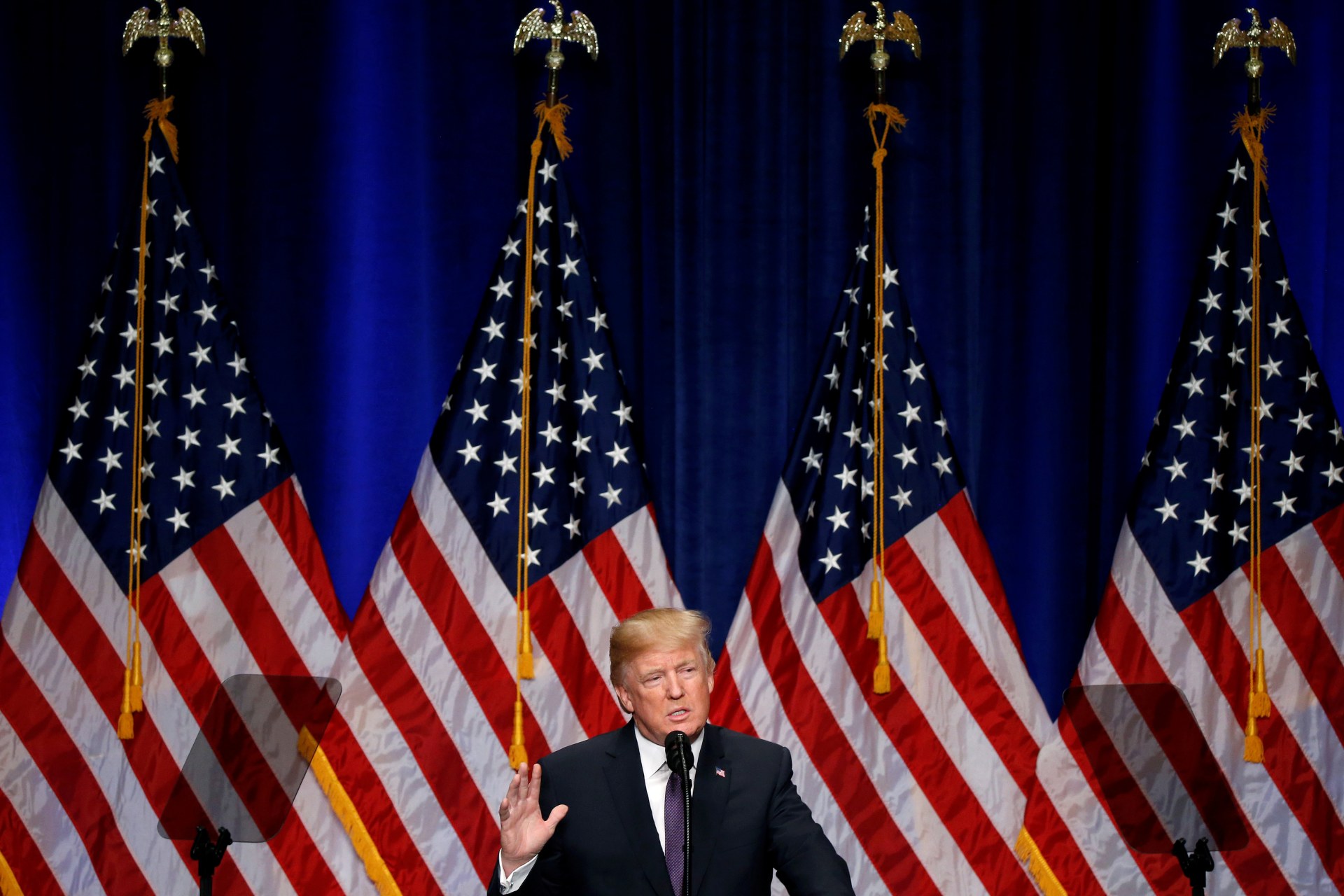 <p>U.S. President Donald J. Trump delivers remarks regarding his administration’s National Security Strategy at the Ronald Reagan Building in Washington DC, on December 18, 2017. </p>
