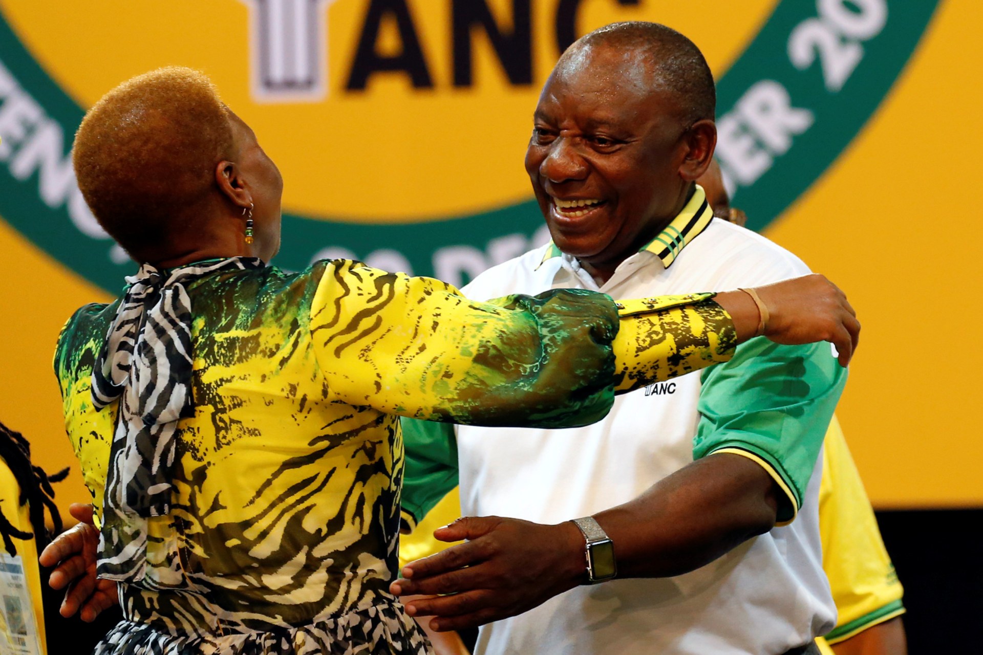 <p>Deputy president of South Africa Cyril Ramaphosa greets an ANC member during the 54th National Conference of the ruling African National Congress (ANC) at the Nasrec Expo Centre in Johannesburg, South Africa December 18, 2017.</p>
