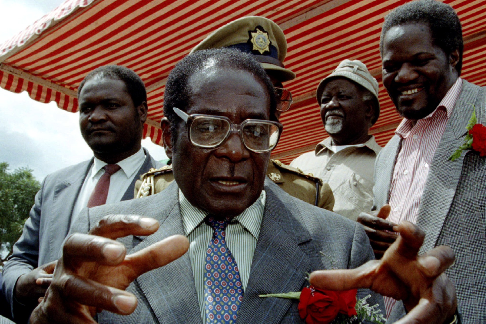 <p>Zimbabwe’s President Robert Mugabe outside the capital, Harare, Zimbabwe, April 7, 1995. This photo was taken shortly before his marriage to his second wife, Grace, in 1996, and after the death of his first, Sally, in 1992.</p>
