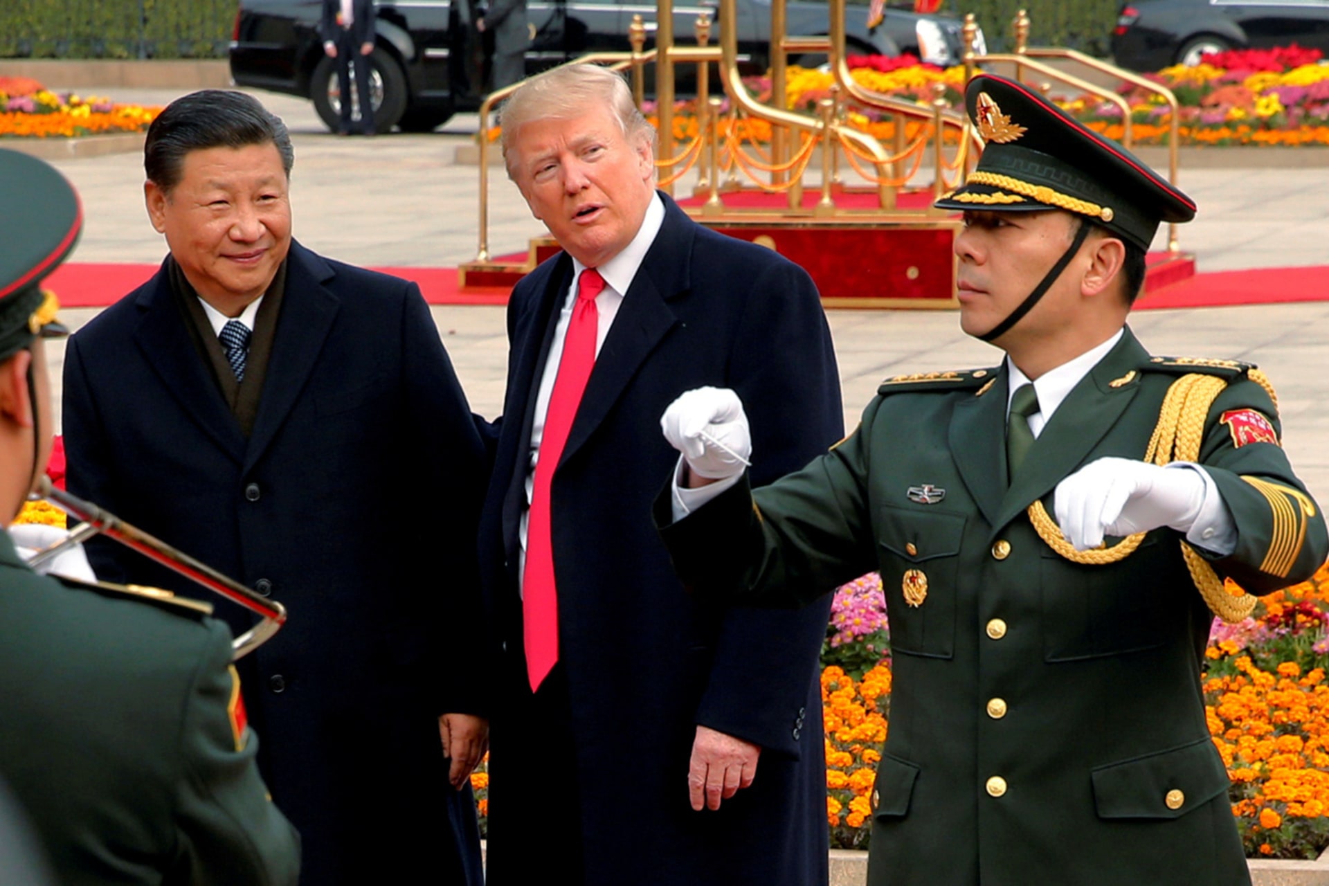 <p>U.S. President Donald Trump takes part in a welcoming ceremony with China’s President Xi Jinping in Beijing, China.</p>

