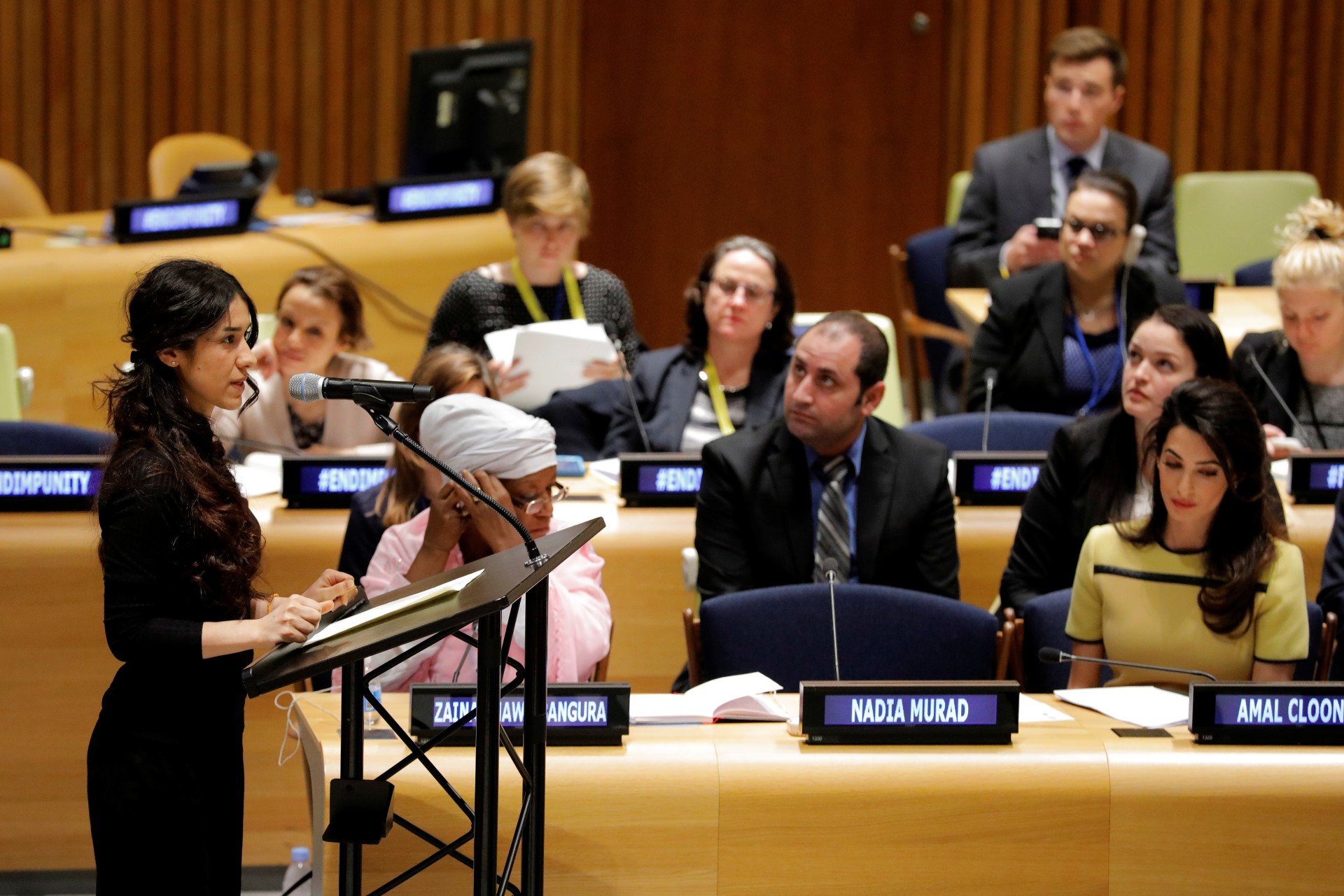 <p>Nadia Murad addresses a ‘Bringing Da’esh to Justice’ event with international human rights lawyer Amal Clooney at United Nations headquarters in New York, U.S., March 9, 2017. </p>
