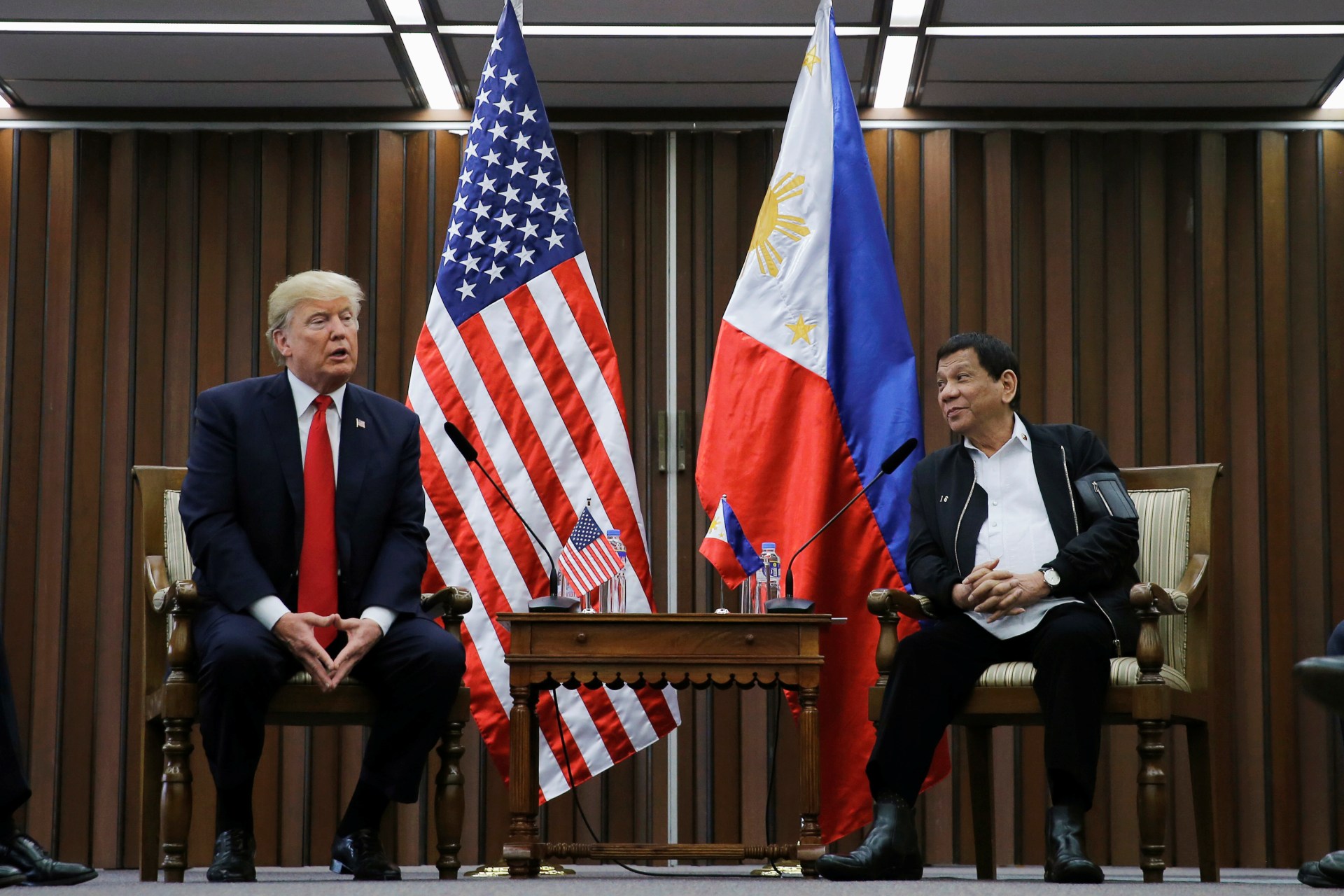 <p>U.S. President Donald J. Trump holds a bilateral meeting with President of the Philippines Rodrigo Duterte alongside the ASEAN Summit in Manila, Philippines, on November 13, 2017. </p>
