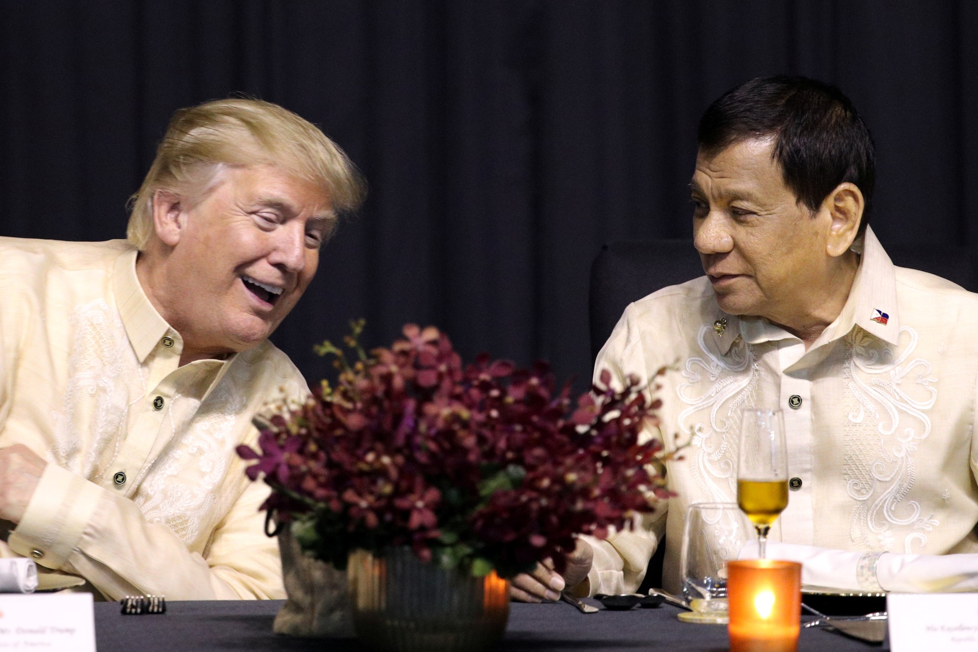 <p>U.S. President Donald J. Trump speaks with Philippines President Rodrigo Duterte during the gala dinner marking ASEAN’s 50th anniversary in Manila, Philippines, on November 12, 2017. </p>
