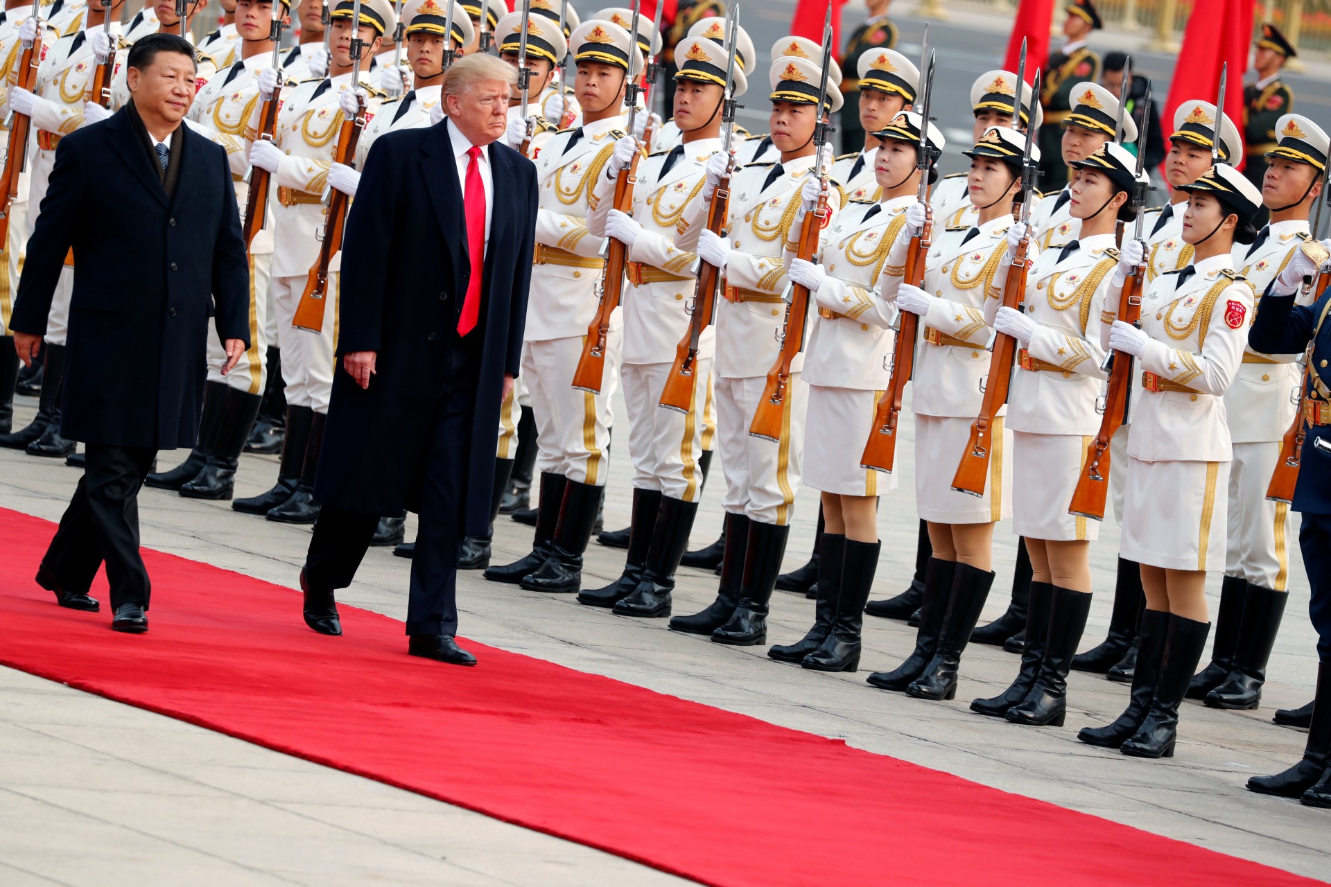 <p>U.S. President Donald Trump takes part in a welcoming ceremony with China’s President Xi Jinping in Beijing, China, November 9, 2017. </p>
