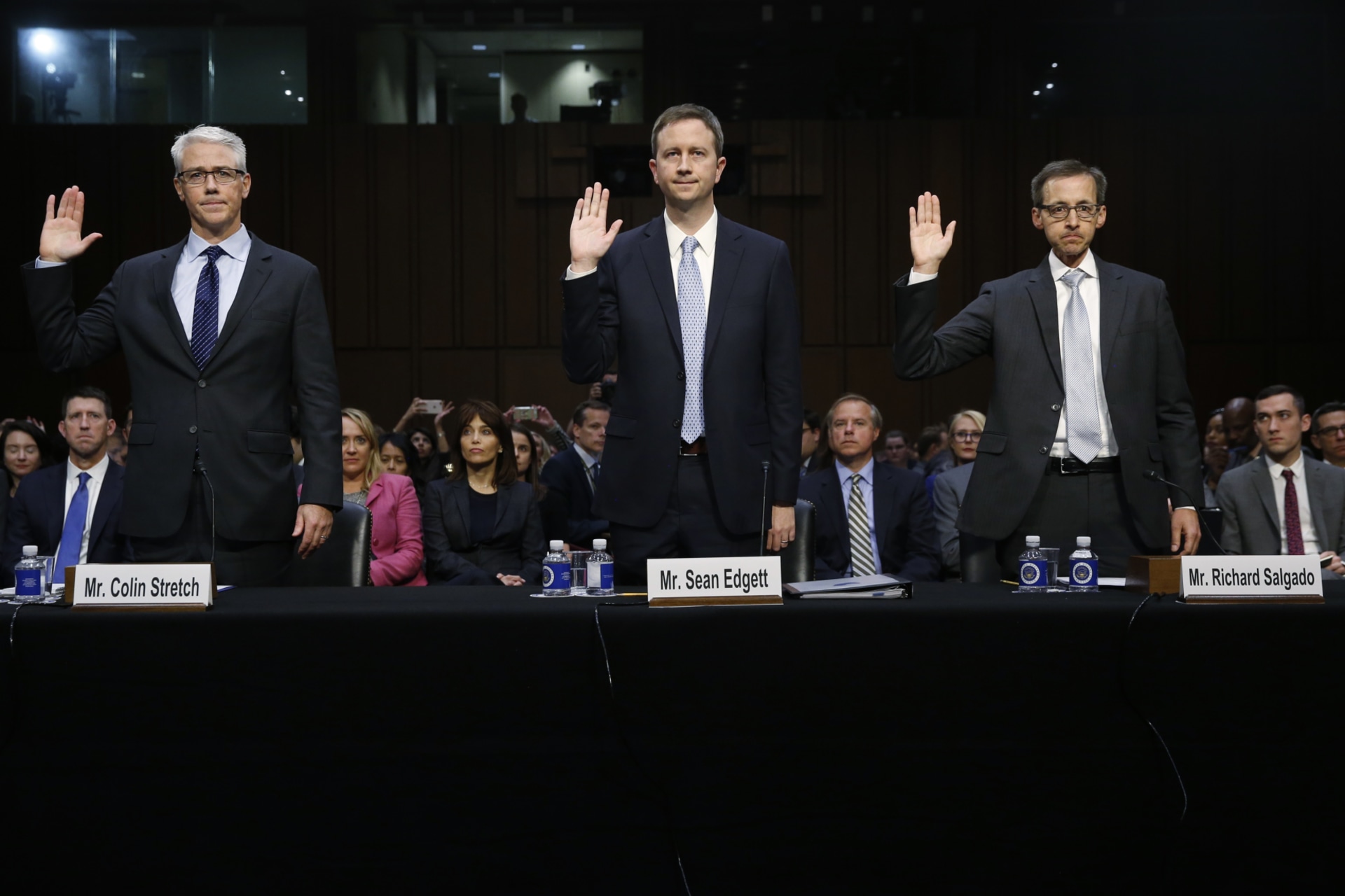 <p>From left to right, the general counsels of Facebook, Twitter, and Google testify before Congress on October 31, 2017.</p>

