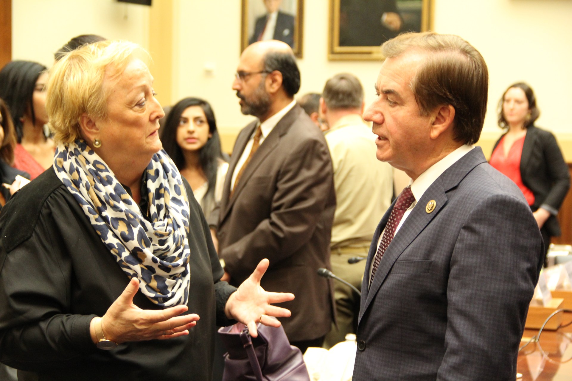 <p>Foreign Affairs Committee Chairman Ed Royce (R-CA) and Monica McWilliams, a Northern Ireland peace negotiator currently training Syrian women involved in the peace process, discuss testimonies presented at a 2016 HFAC hearing.</p>
