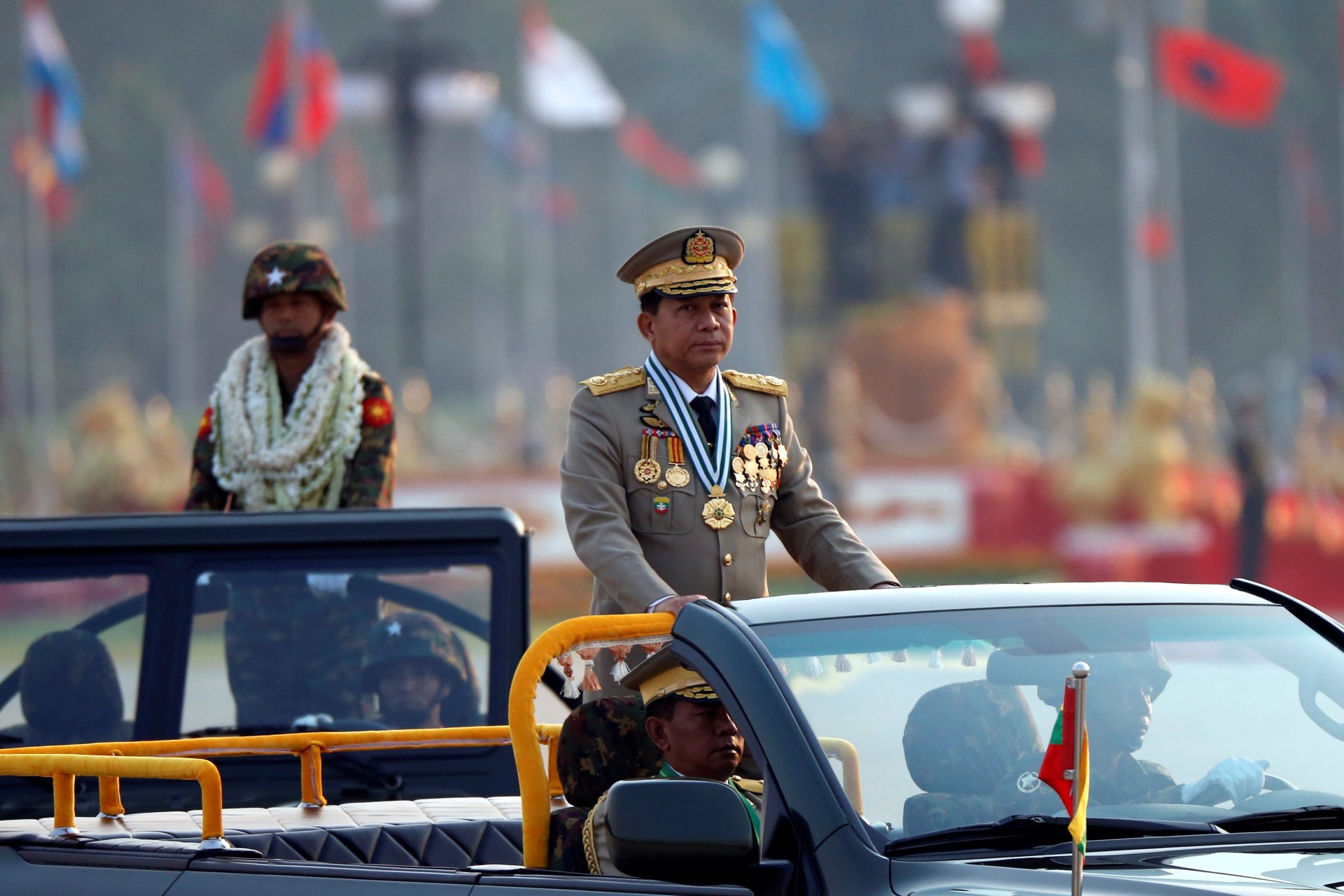<p>Myanmar’s General Min Aung Hlaing takes part during a parade to mark the 72nd Armed Forces Day in the capital Naypyitaw, Myanmar on March 27, 2017.</p>