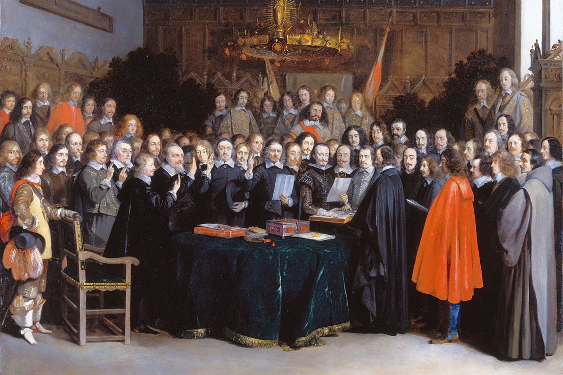 <p>Gerard ter Borch’s depiction of the ratification of the treaty of Münster on 15 May 1648 that formed a part of the Westphalian peace following the Thirty Years War. </p>
