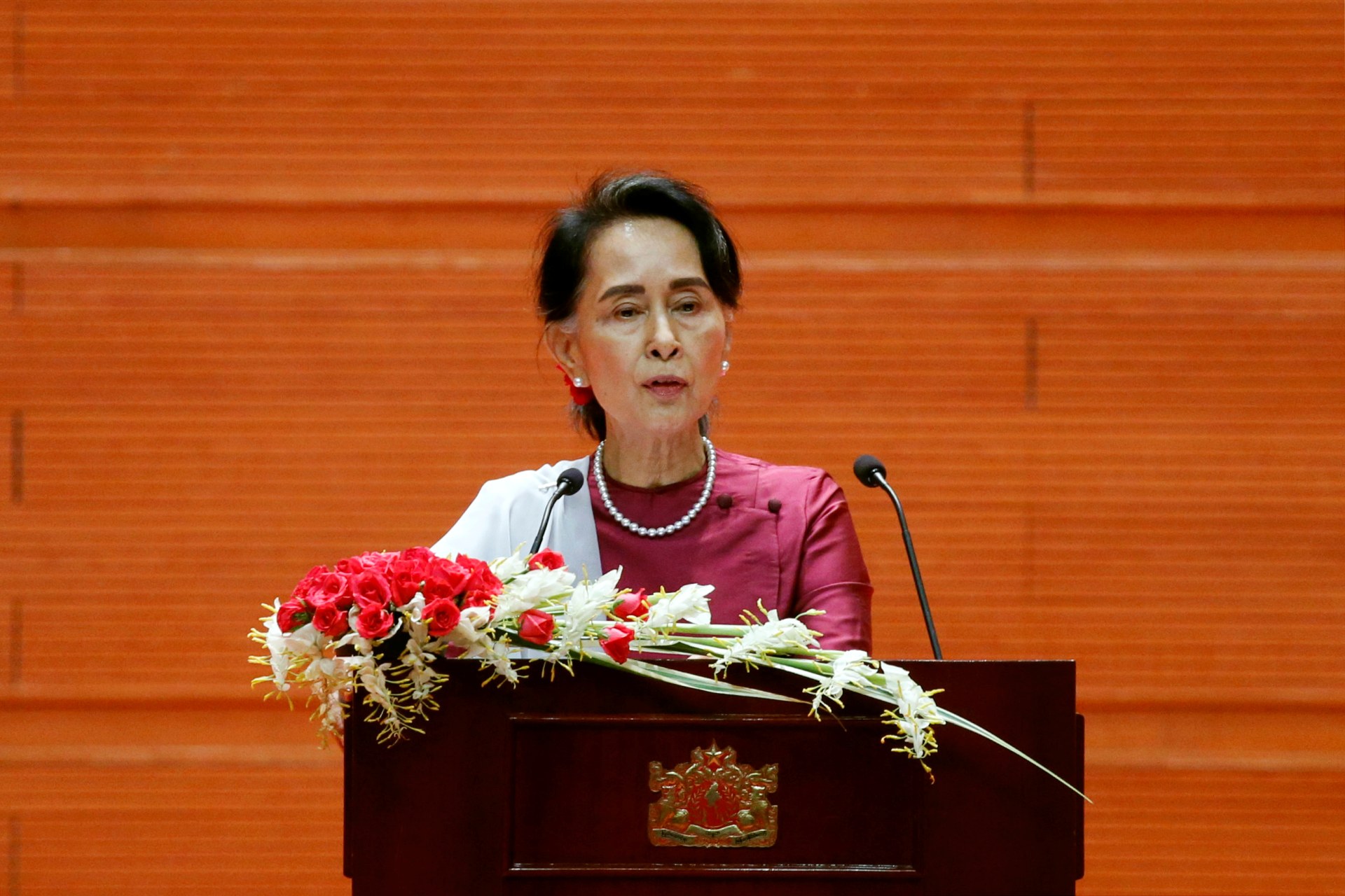 <p>Myanmar State Counselor Aung San Suu Kyi delivers a speech to the nation on Rakhine and the Rohingya situation, in Naypyitaw, Myanmar on September 19, 2017. </p>
