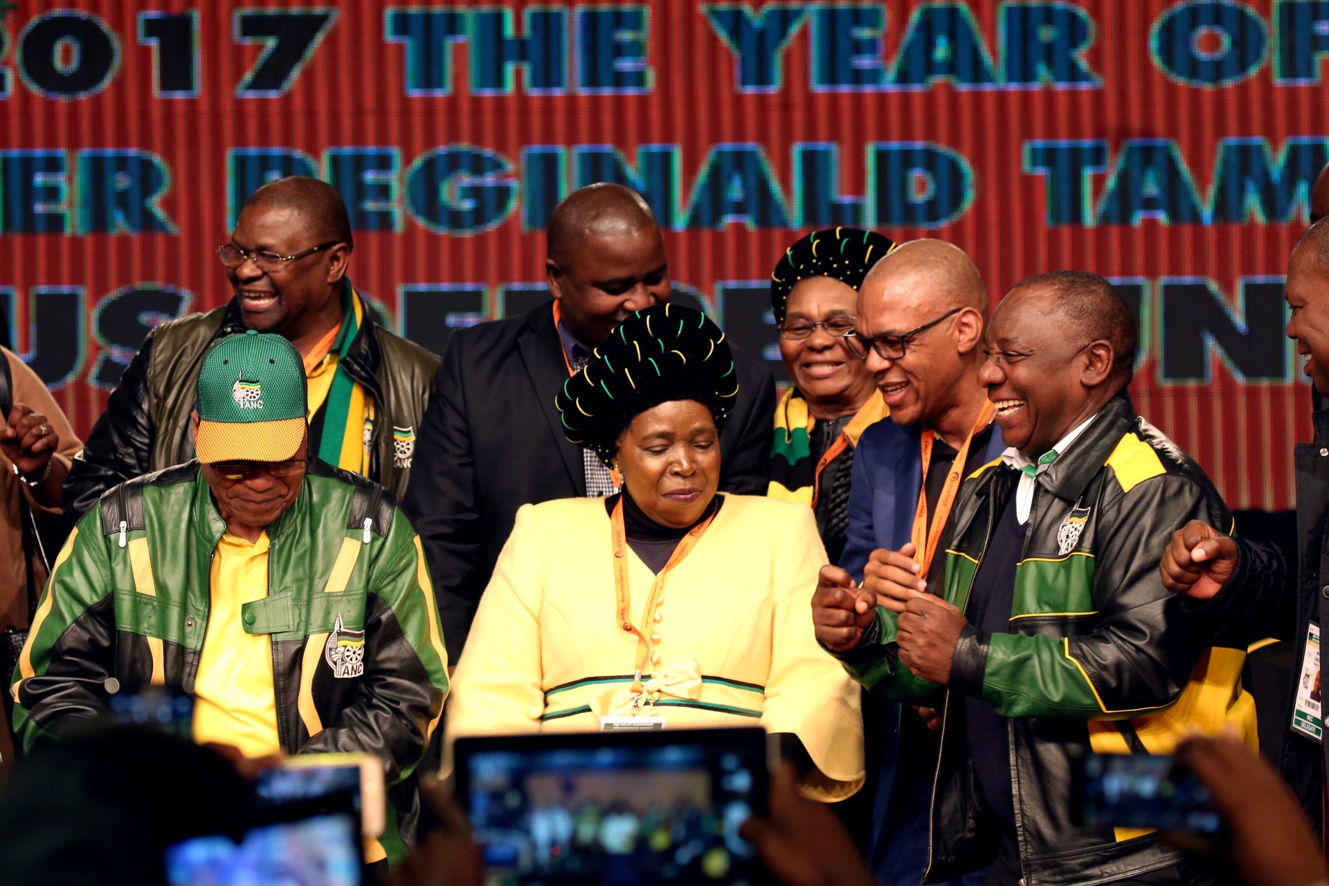 <p>South Africa’s President Jacob Zuma with former African Union chairperson Nkosazana Dlamini-Zuma and South Africa’s Deputy President Cyril Ramaphosa at the ANC 5th National Policy Conference in South Africa, July 5, 2017.</p>