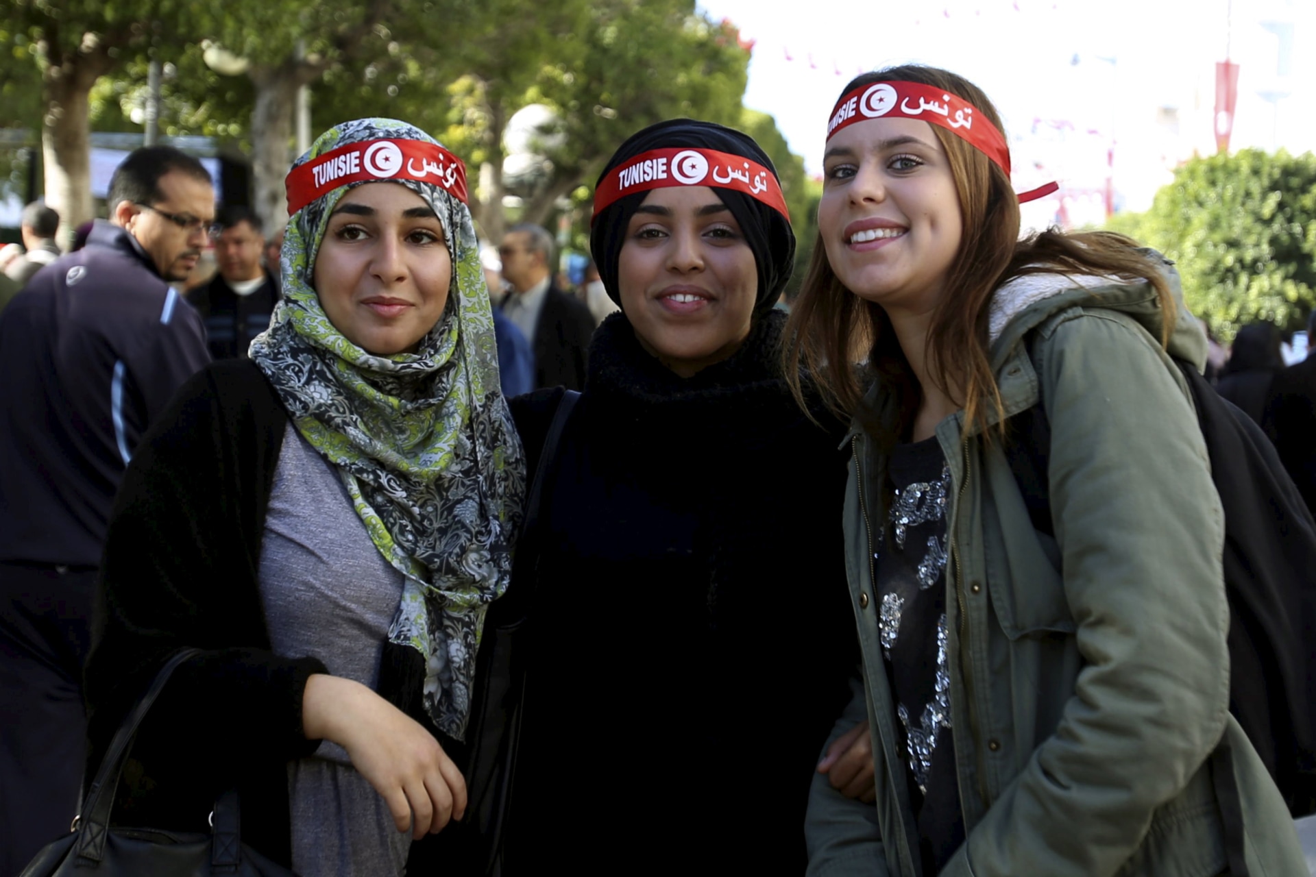 <p>Tunisian women pose during celebrations marking the fifth anniversary of Tunisia’s 2011 revolution, in Habib Bourguiba Avenue in Tunis, Tunisia January 14, 2016. Tunisia is seen as leader for asserting women’s rights in the region.</p>
