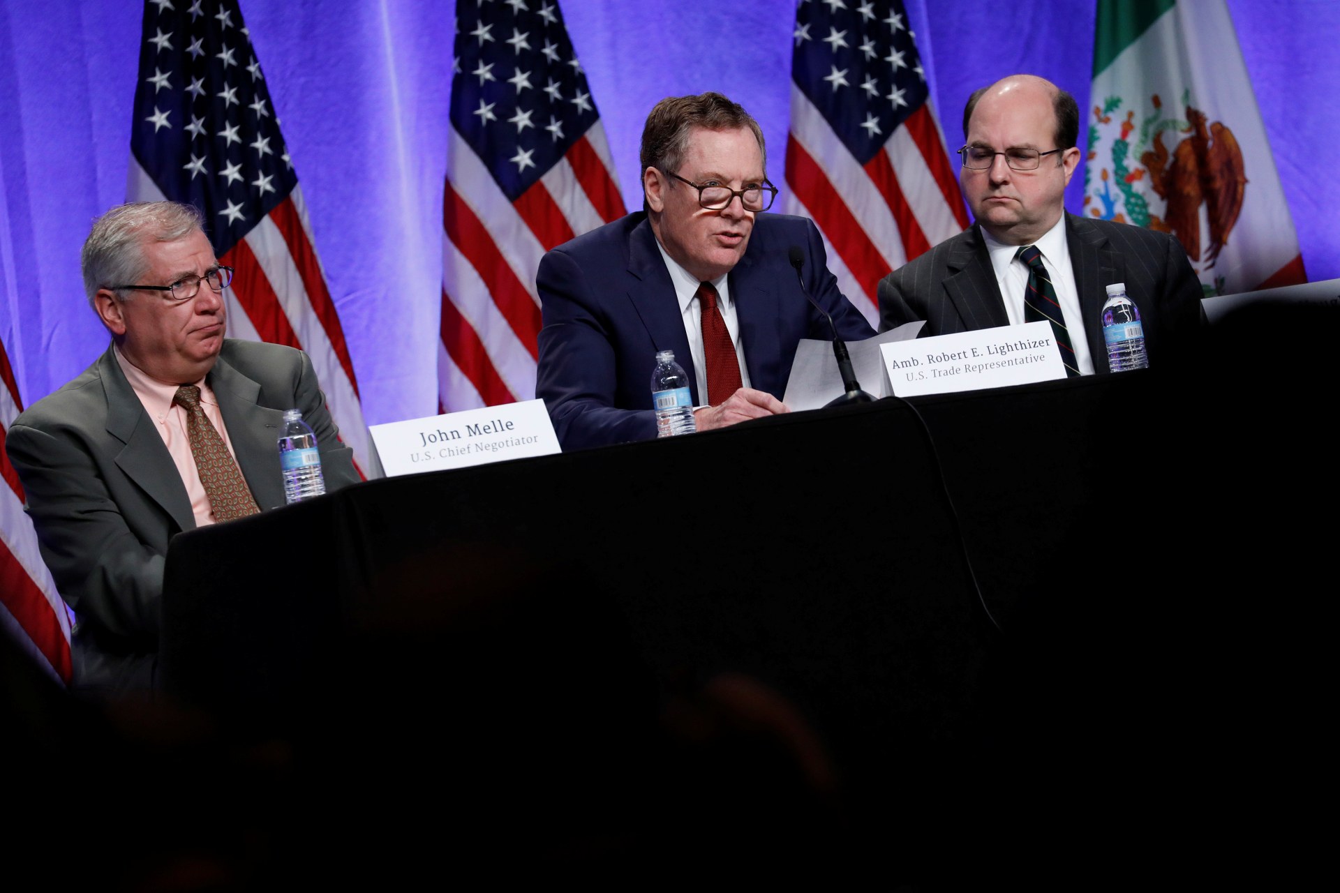 <p>U.S. Trade Representative Robert Lighthizer, flanked by U.S. Chief Negotiator John Melle and U.S. General Counsel Stephen Vaughn, speaks at a news conference prior to the inaugural round of NAFTA renegotiations in Washington, D.C. August 16, 2017.</p>
