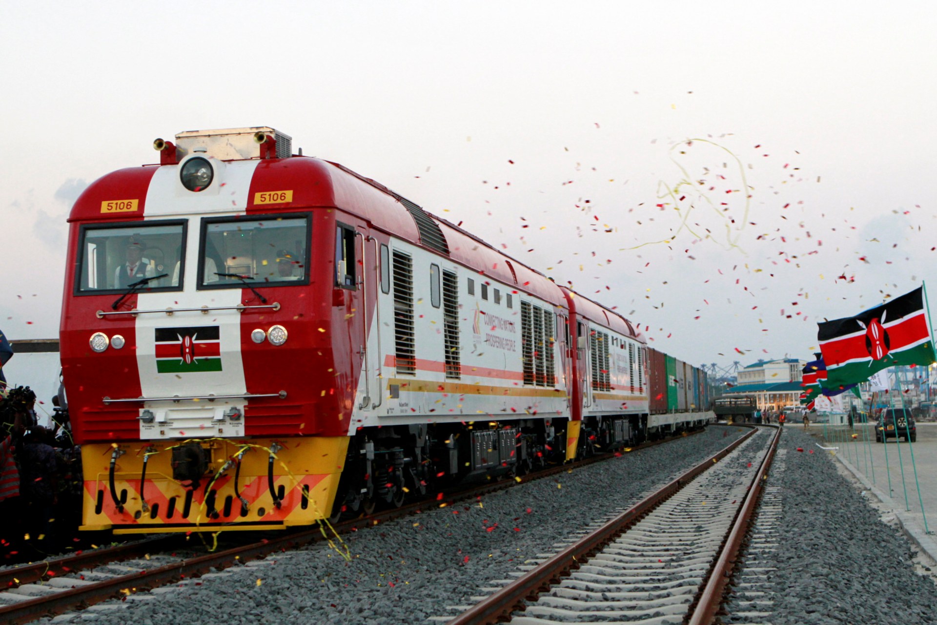 <p>A cargo train in Kenya is launched to operate on the Standard Gauge Railway (SGR) line. The project, financed by the Chinese government, will eventually connect nations in the region. </p>
