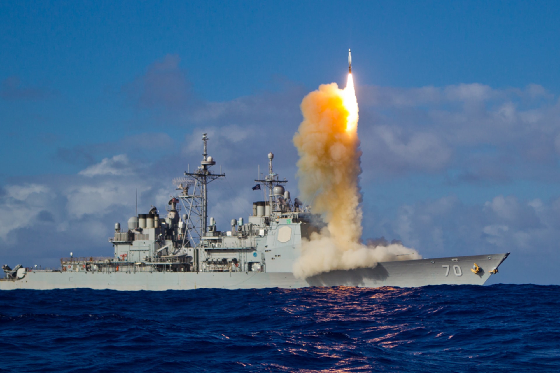 <p>An SM-3 interceptor is launched from a guided-missile cruiser during a Missile Defense Agency and U.S. Navy test in the mid-Pacific.</p>
