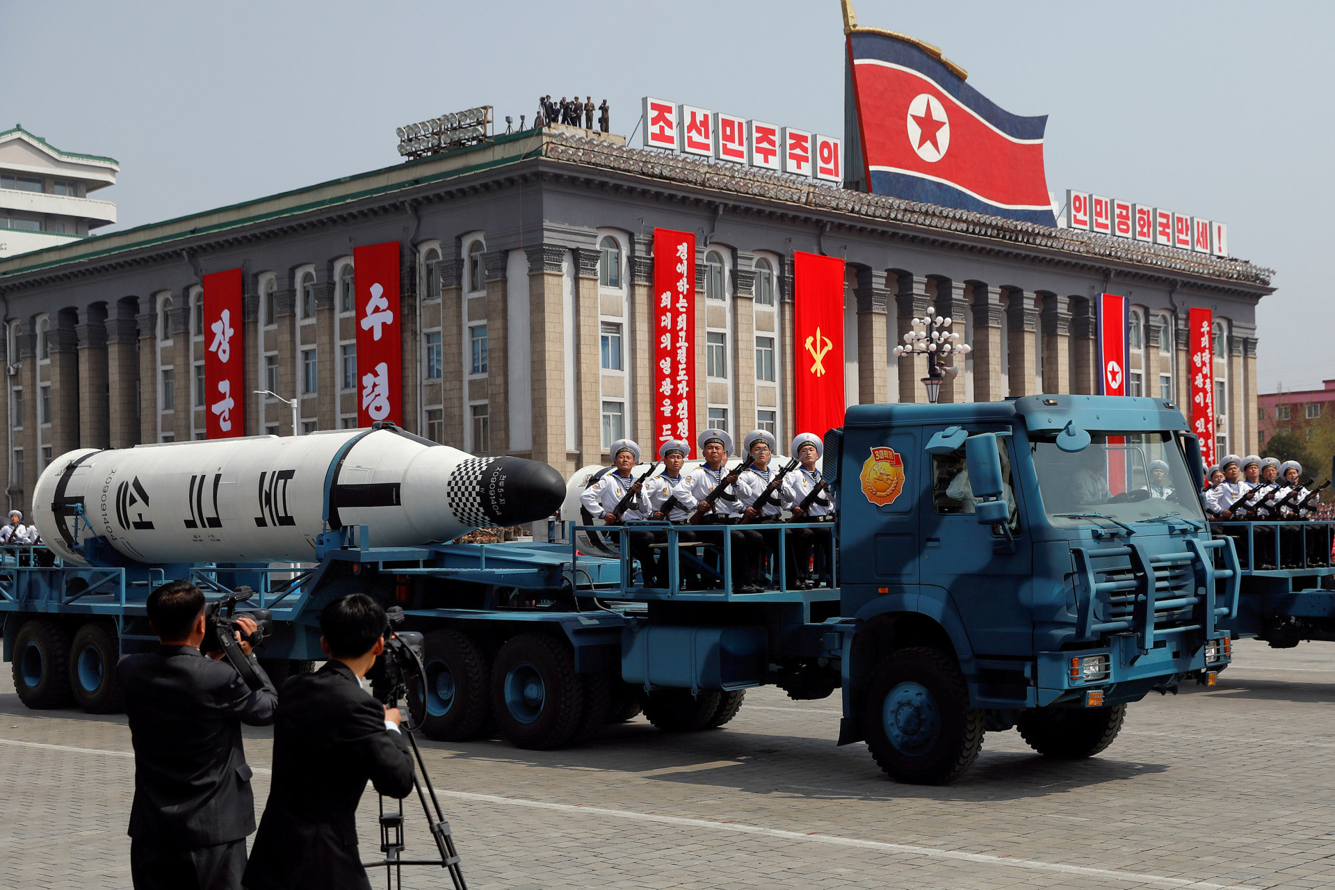 <p>“A North Korean navy truck carries the ‘Pukkuksong’ submarine-launched ballistic missile (SLBM) during a military parade marking the 105th birthday anniversary of the country’s founding father, Kim Il-sung in Pyongyang, April 15, 2007.” </p>
