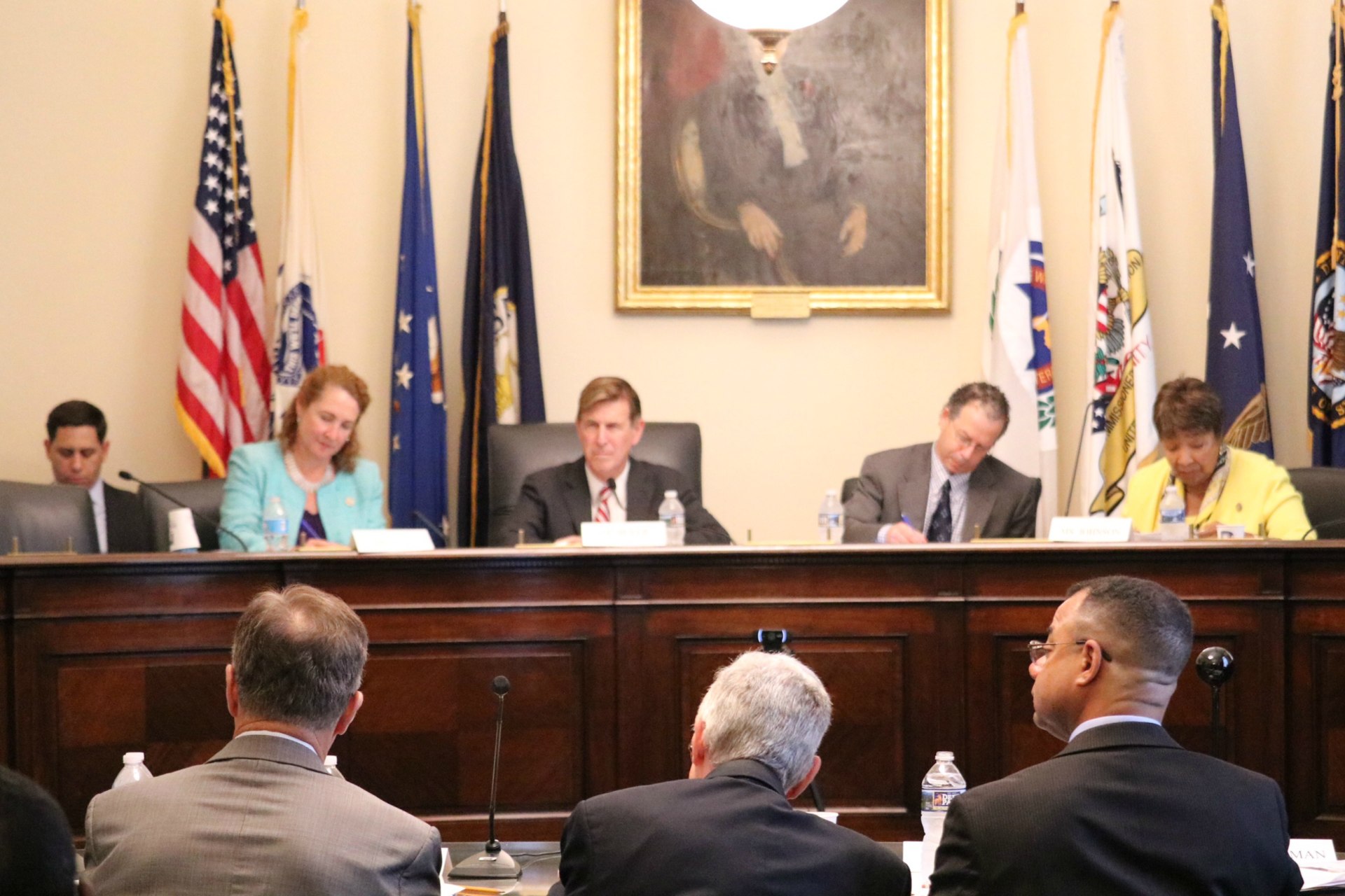 <p>Ambassador John Campbell (c) is one of six panelists to speak to members of the House Committee on Science, Space, and Technology on the threats posed to national security by climate change, in Washington, DC, June 12, 2017.</p>
