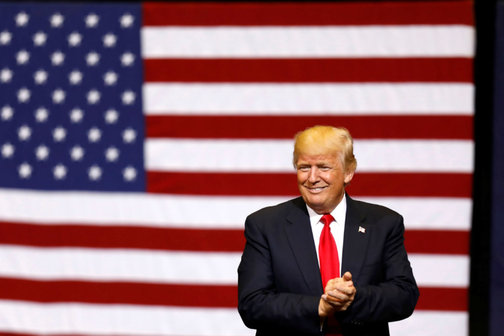 <p>U.S. President Donald J. Trump takes the stage for a rally at the U.S. Cellular Center in Cedar Rapids, Iowa on June 21, 2017. </p>