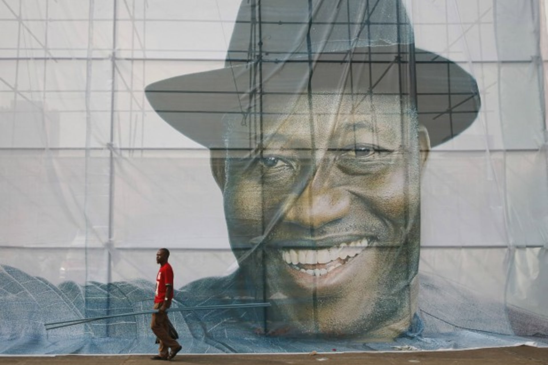 <p>A portrait of former President Goodluck Jonathan the day after he launched his unsuccessful campaign for a second term in office in Lagos, January 8, 2015</p>