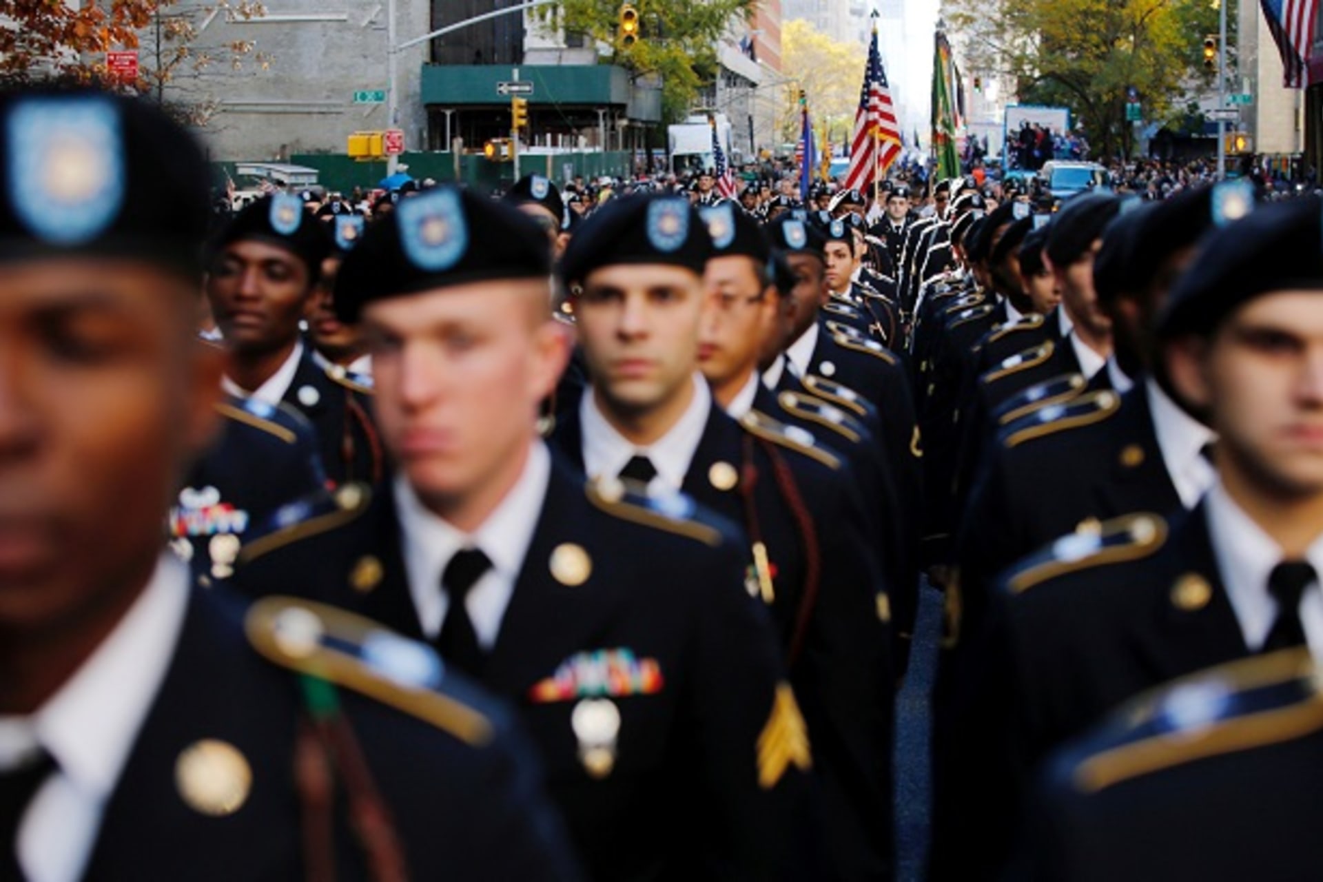 <p>Active duty members of the U.S. Army march in a Veteran’s Day parade in New York </p>
