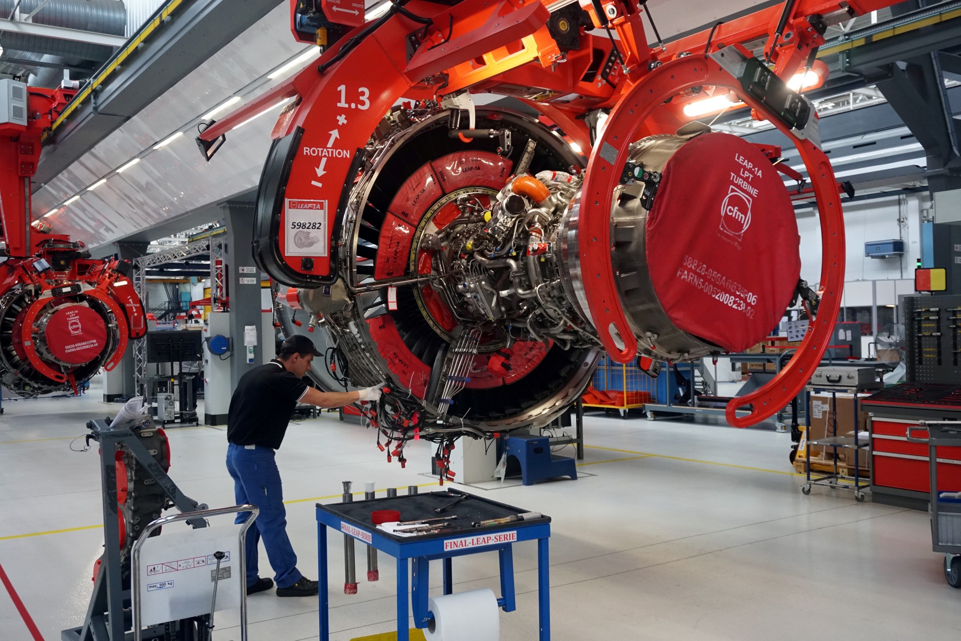 <p>A worker on a Safran production line assembles a LEAP-1A aircraft engine co-developed with General Electric for Airbus.</p>