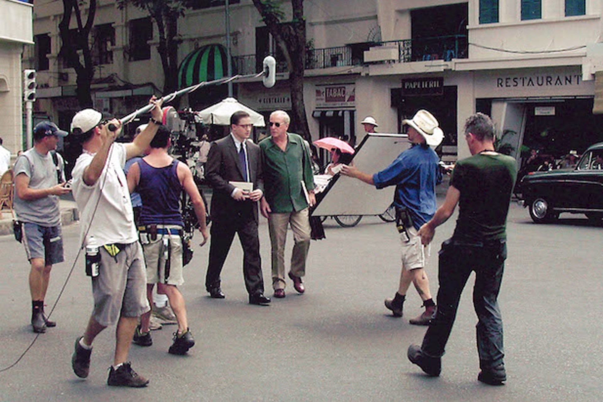 <p>Brendan Fraser and Michael Caine on the set of The Quiet American </p>
