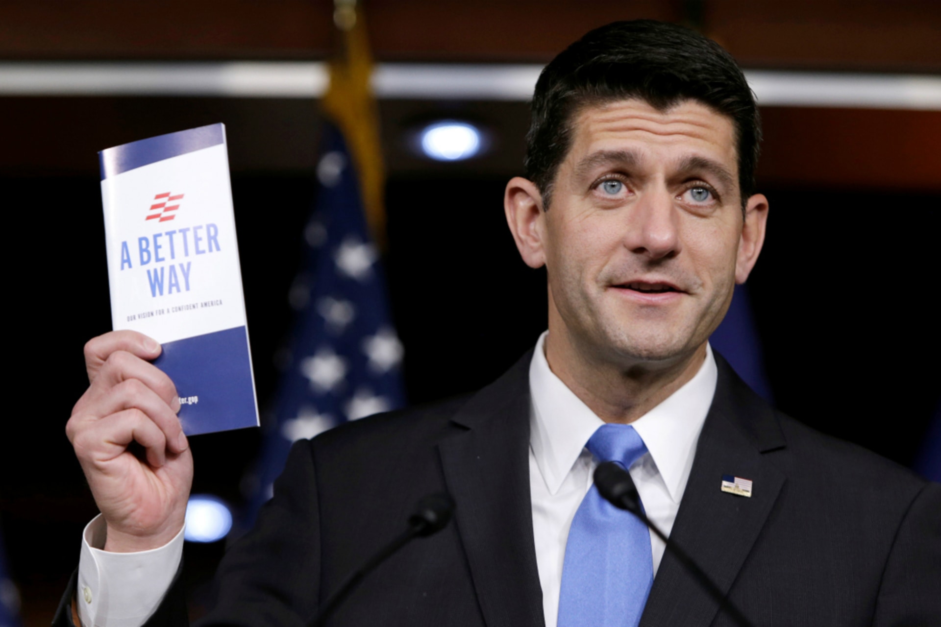 <p>U.S. Speaker of the House Paul Ryan (R-WI) holds a copy of his party’s “A Better Way” tax reform agenda at a news conference on Capitol Hill in Washington, DC, U.S. September 29, 2016. </p>