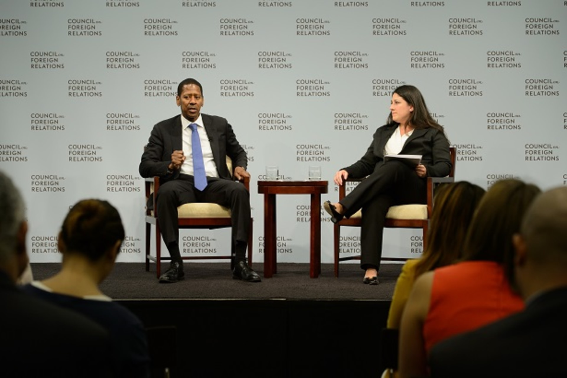 <p>Calvin Sims and Mira Patel at the Conference on Diversity in International Affairs’ keynote panel. (Photo: KAVEH SARDARI)</p>