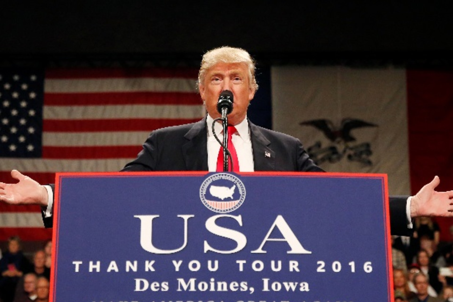 <p>U.S. President-elect Donald Trump speaks at the USA Thank You Tour event at the Iowa Events Center in Des Moines, Iowa, U.S., December 8, 2016. REUTERS/Shannon Stapleton</p>
