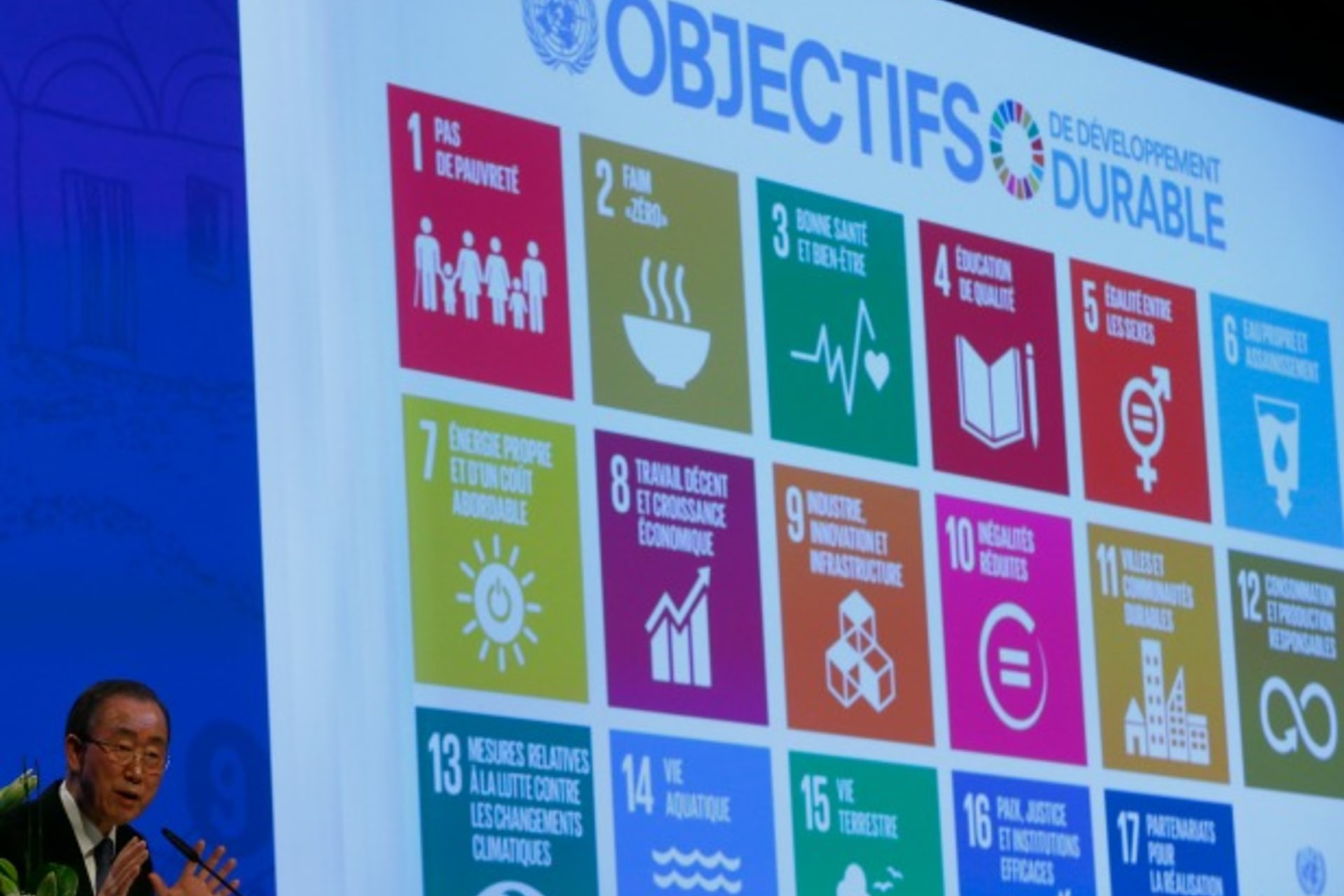 <p>United Nations Secretary-General Ban Ki-Moon addresses the Annual Conference of Swiss Developement Cooperation in Zurich, Swit…2016. On the screen behind are displayed the 17 goals of UN’s 2030 Agenda for Sustainable Development (Reuters/Arnd Wiegmann).</p>
