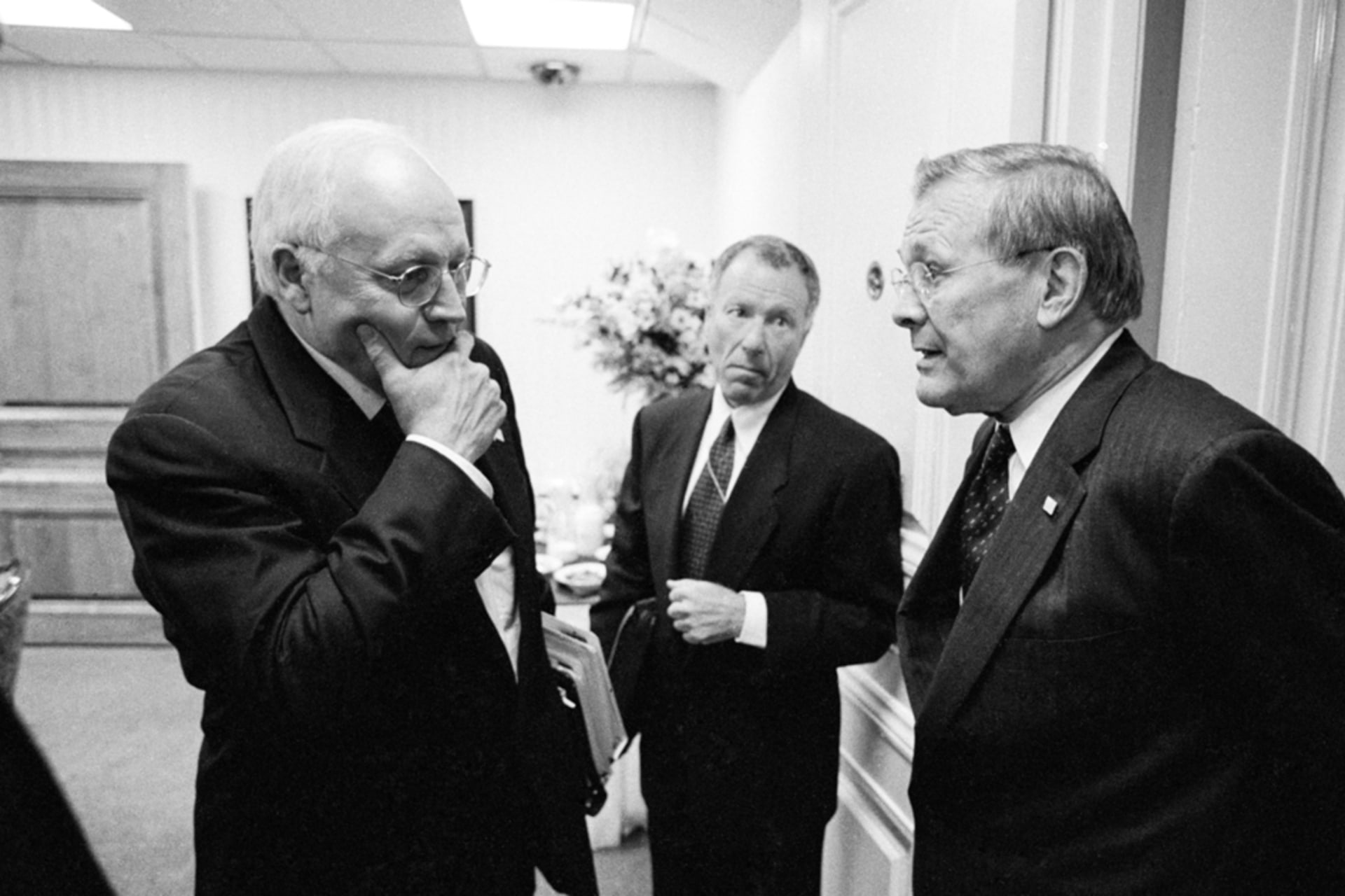 <p>Vice President Dick Cheney and Defense Secretary Donald Rumsfeld talk at the Pentagon in 2002.</p>
