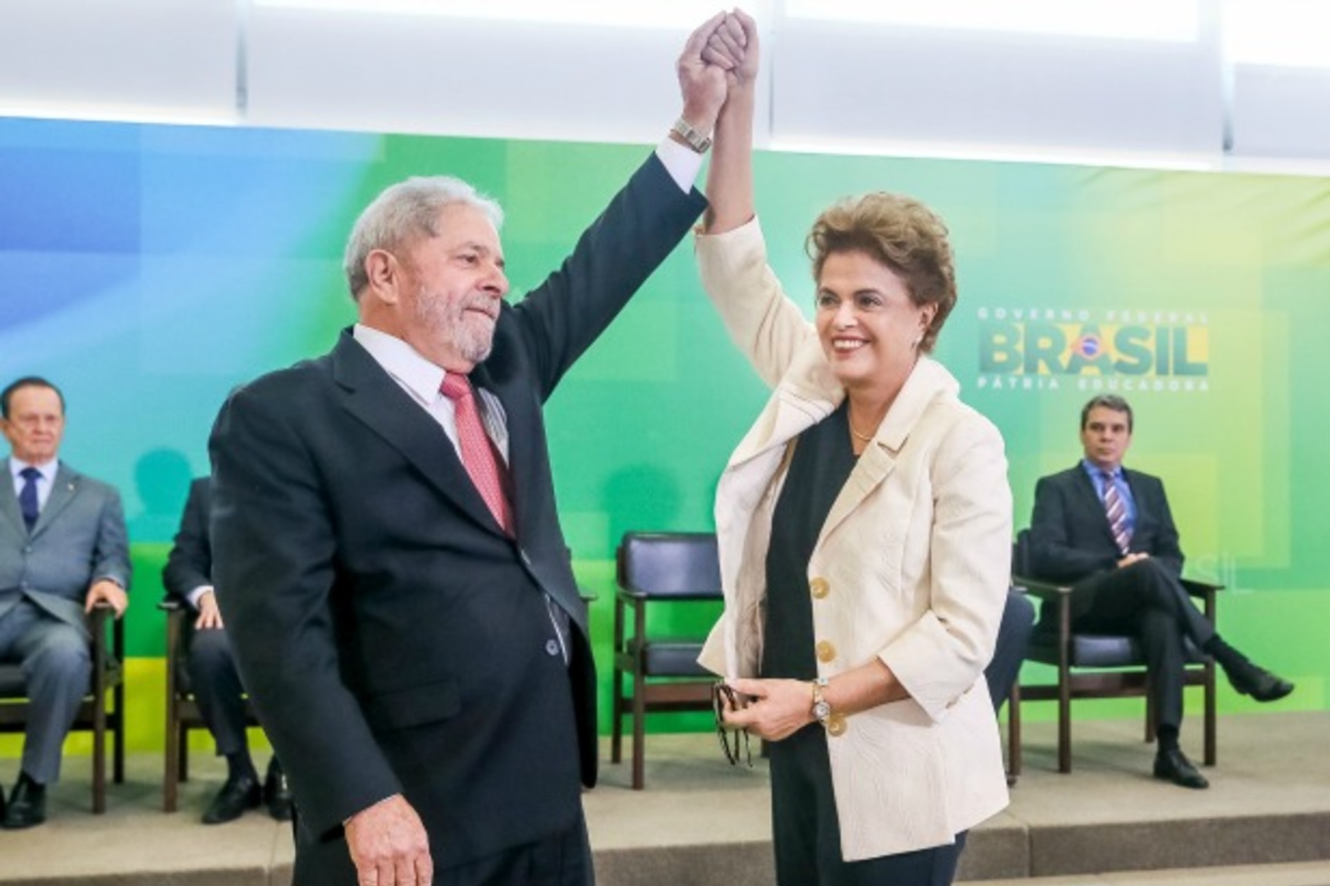 <p>Brazil’s President Dilma Rousseff (R) greets former president Luiz Inacio Lula da Silva during the appointment of Lula da Silva as chief of staff, at Planalto palace in Brasilia, Brazil (Reuters/Adriano Machado).</p>
