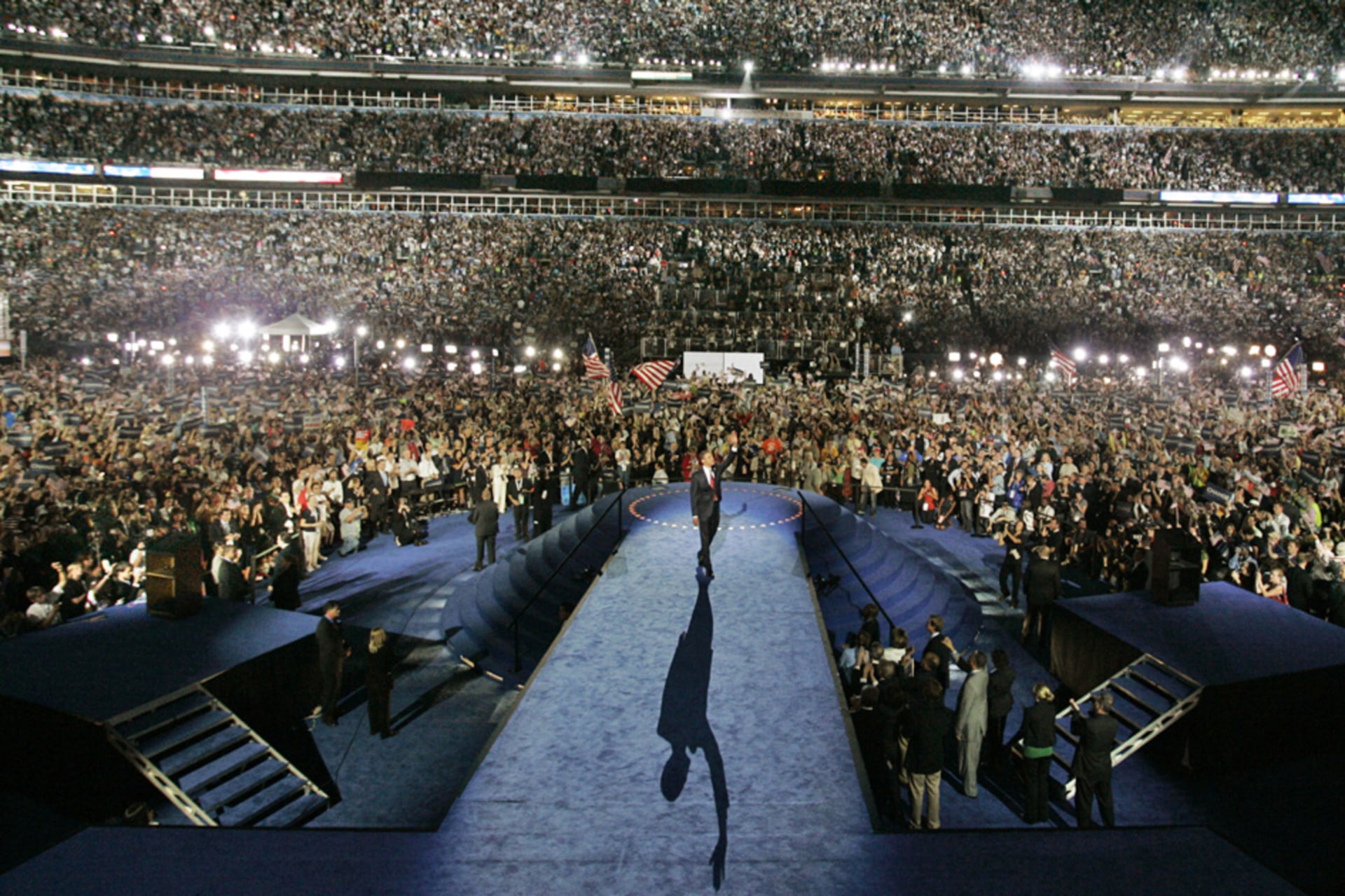 <p>Then Senator Barack Obama waves to the crowd at the 2008 Democratic National Convention.</p>
