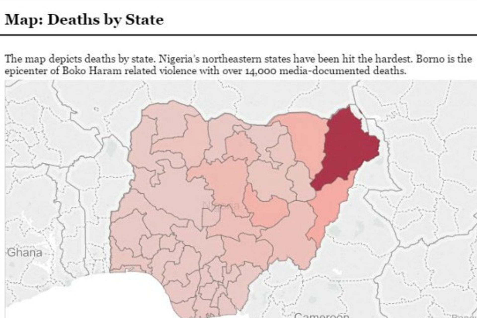 <p>The map above depicts deaths in Nigeria by state. (Source: CFR Nigeria Security Tracker; powered by Tableau)</p>