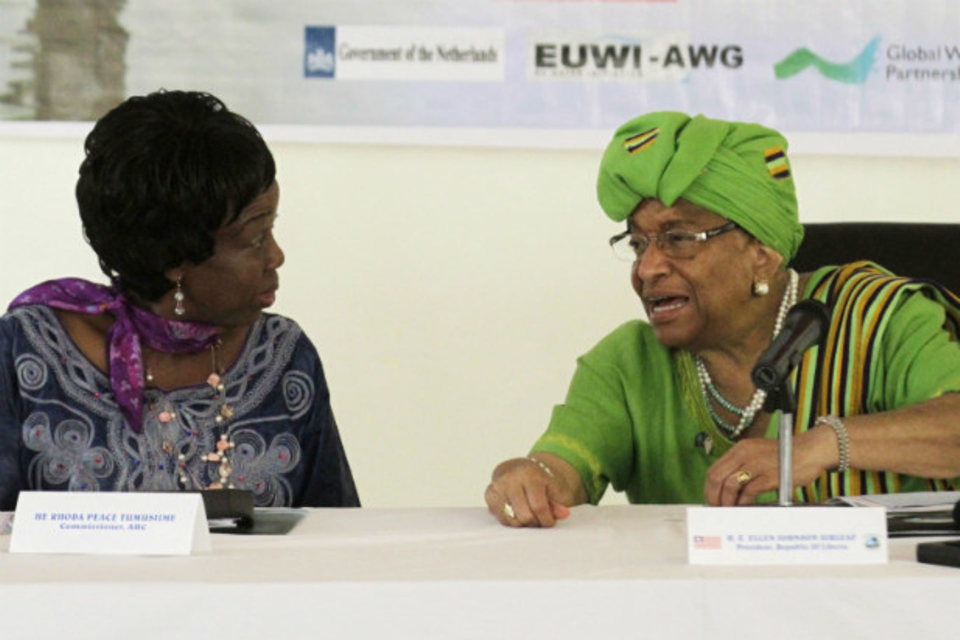 <p>Liberia President Ellen Johnson Sirleaf (R) speaks to Commissioner for Rural Economy and Agriculture at the African Union (AU)… High Level Panel (HLP) for world development set up by the U.N. Secretary General, at City Hall in Monrovia January 30, 2013.</p>
