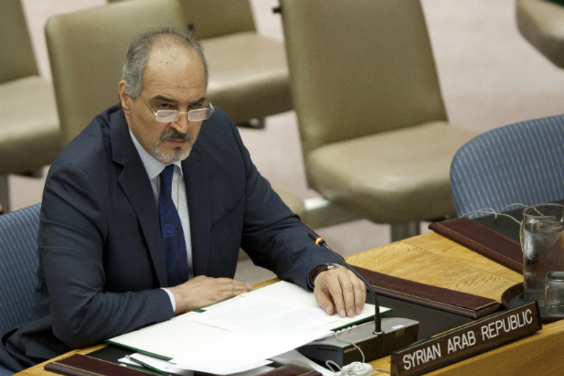 <p>Bashar Ja’afari, Syria’s ambassador to the United Nations, speaks during a Security Council meeting at the United Nations in New York April 21, 2012. (Courtesy REUTERS/Allison Joyce).</p>
