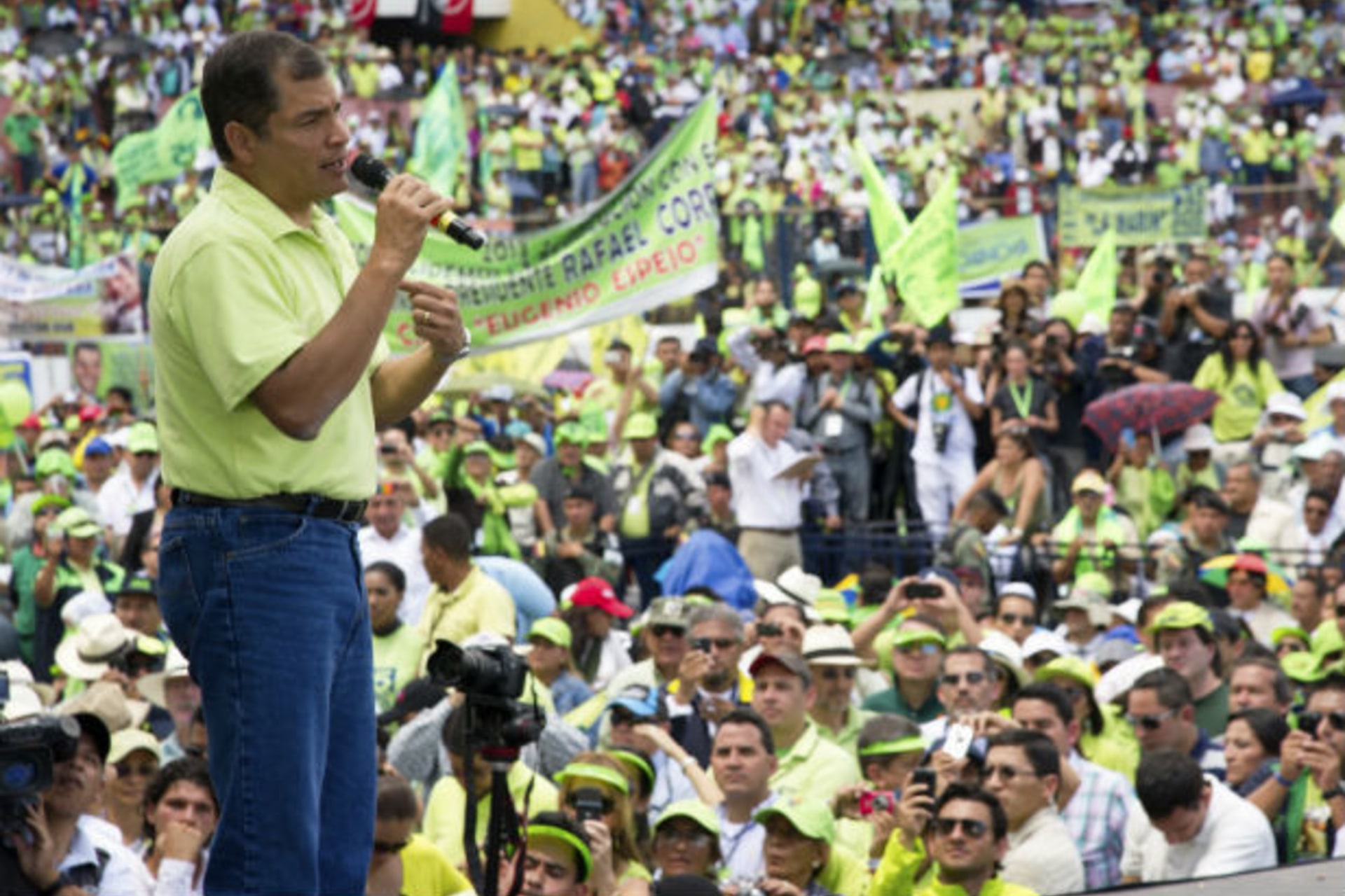<p>Ecuador’s President Rafael Correa addresses supporters during a rally announcing his re-election bid for February of 2013, in Quito</p>