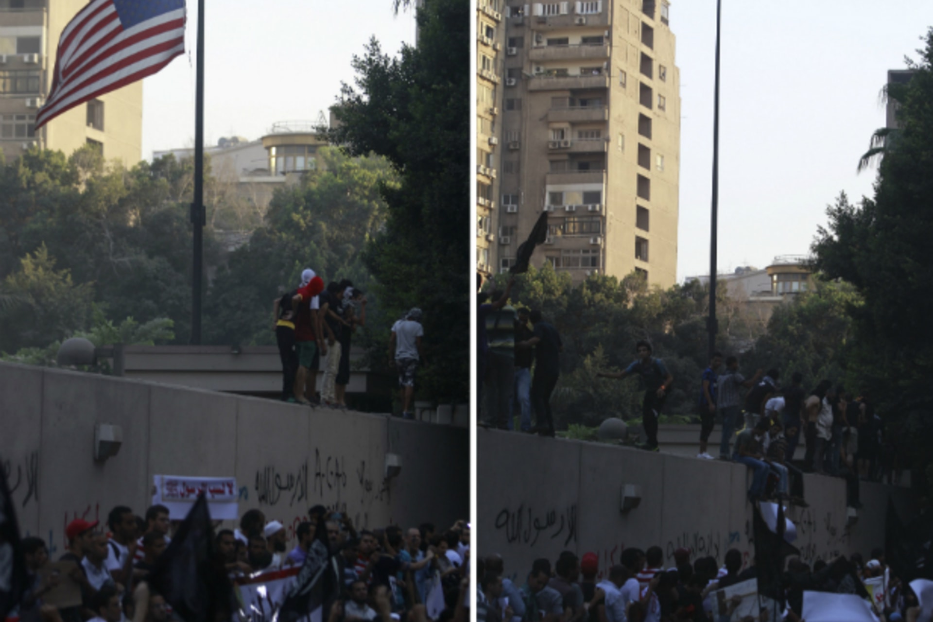 <p>A combination picture shows protesters shouting slogans before (L) and after pulling down an American flag in front of the U.S…oduced in the United States that was insulting to the Prophet Mohammad, witnesses said. (Courtesy REUTERS/Amr Abdallah Dalsh).</p>
