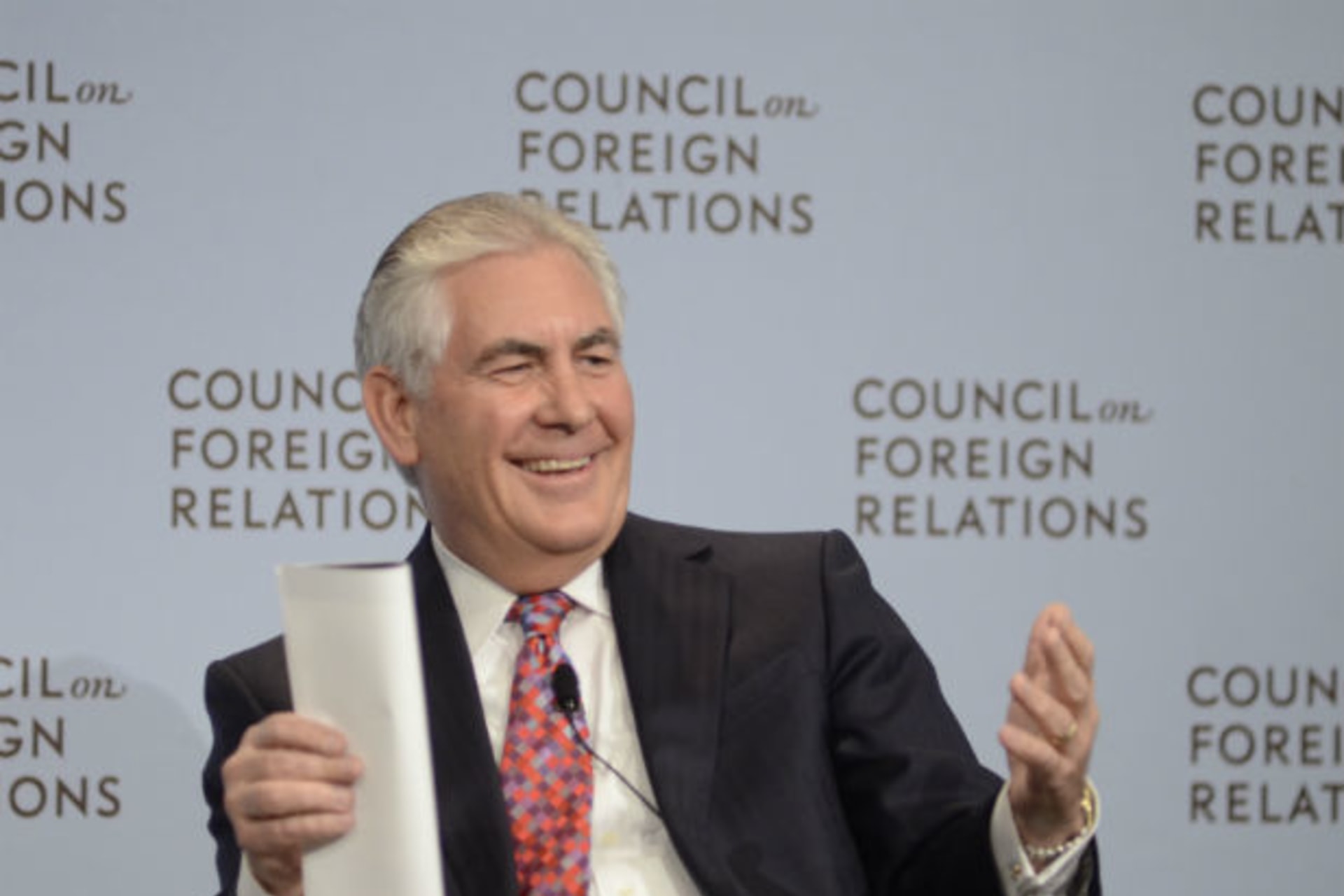 <p>Rex Tillerson, CEO of Exxon Mobil, gives a talk at the Council on Foreign Relations (Don Pollard/CFR).</p>
