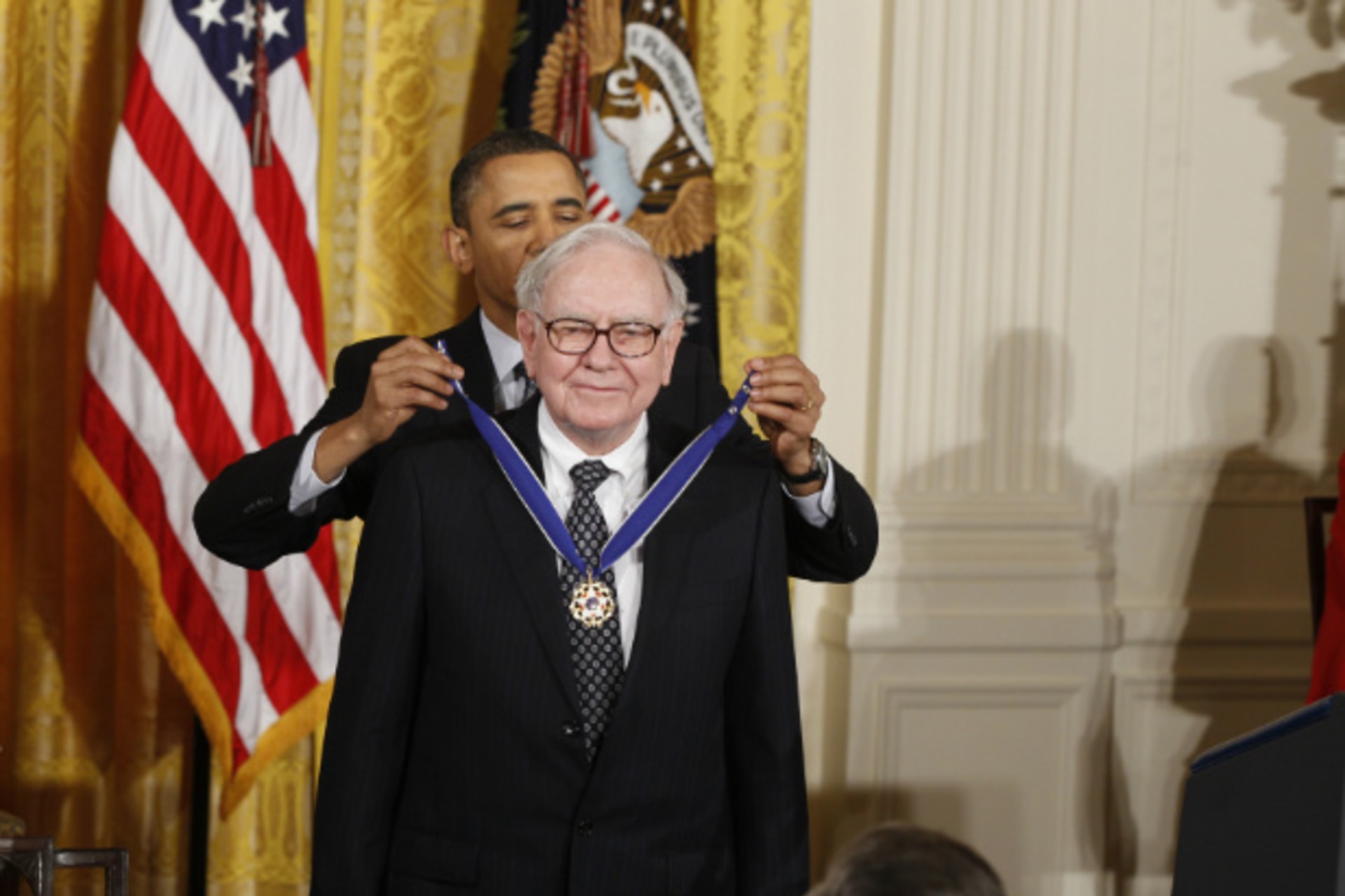 <p>President Obama awards the Medal of Freedom to Warren Buffet at a White House ceremony on February 15, 2011. (Larry Downing/Courtesy Reuters)</p>
